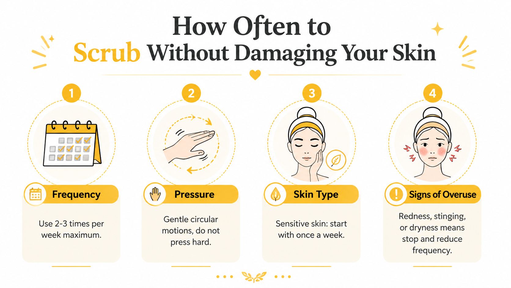 An infographic titled How Often to Scrub, showing four steps for safely exfoliating skin to prevent damage.