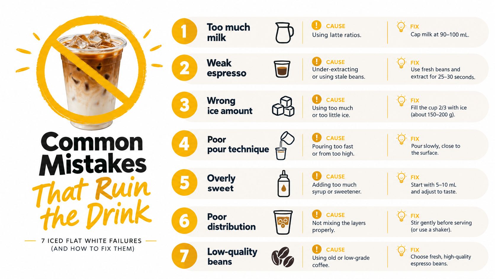 An infographic detailing seven common mistakes when making an iced flat white and how to fix them.