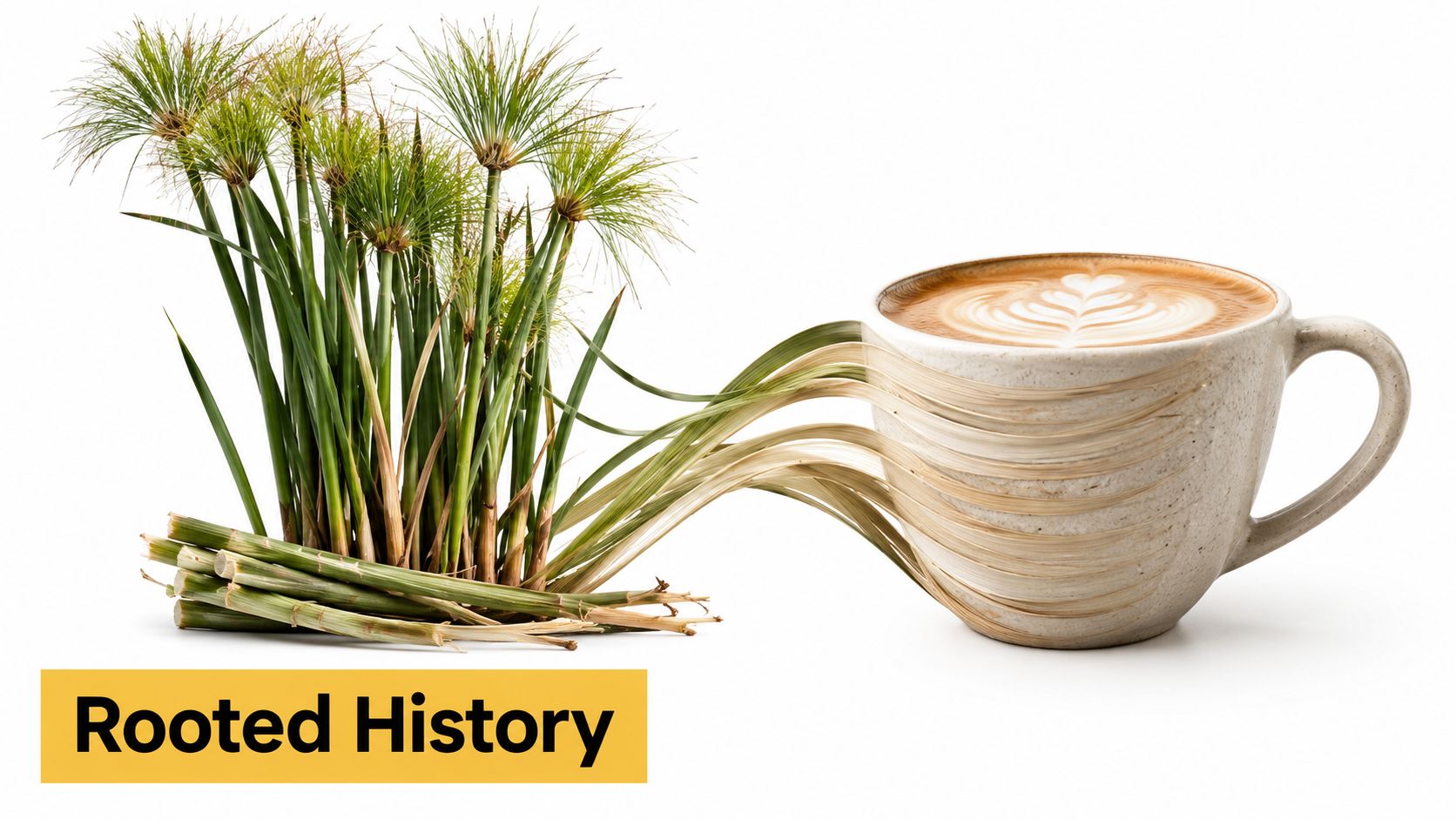 A cup of latte merging with papyrus plant stems against a clean white background, creative composition.