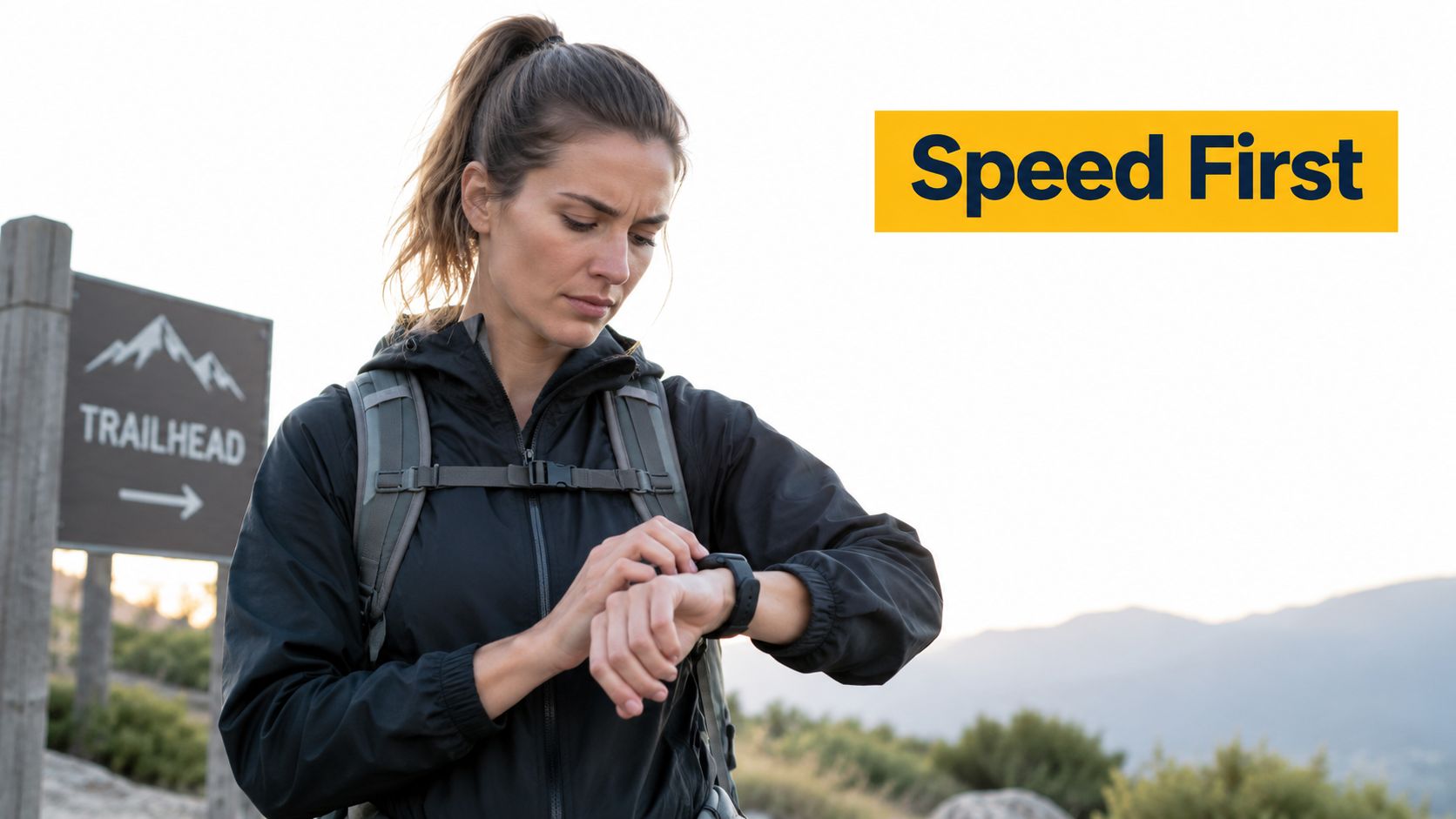 A woman hiker checking her smartwatch while standing near a trailhead sign in a mountainous area.