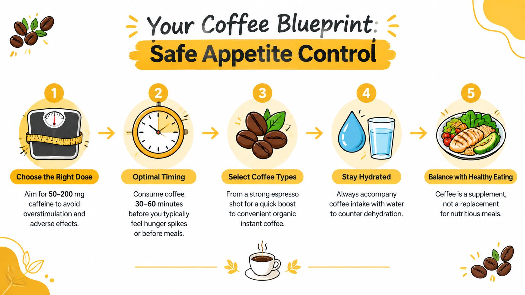 An infographic titled Your Coffee Blueprint illustrating five steps for using coffee for safe appetite control.