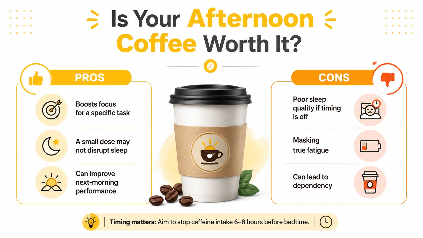 An infographic comparing the pros and cons of drinking coffee in the afternoon, centered on a coffee cup.