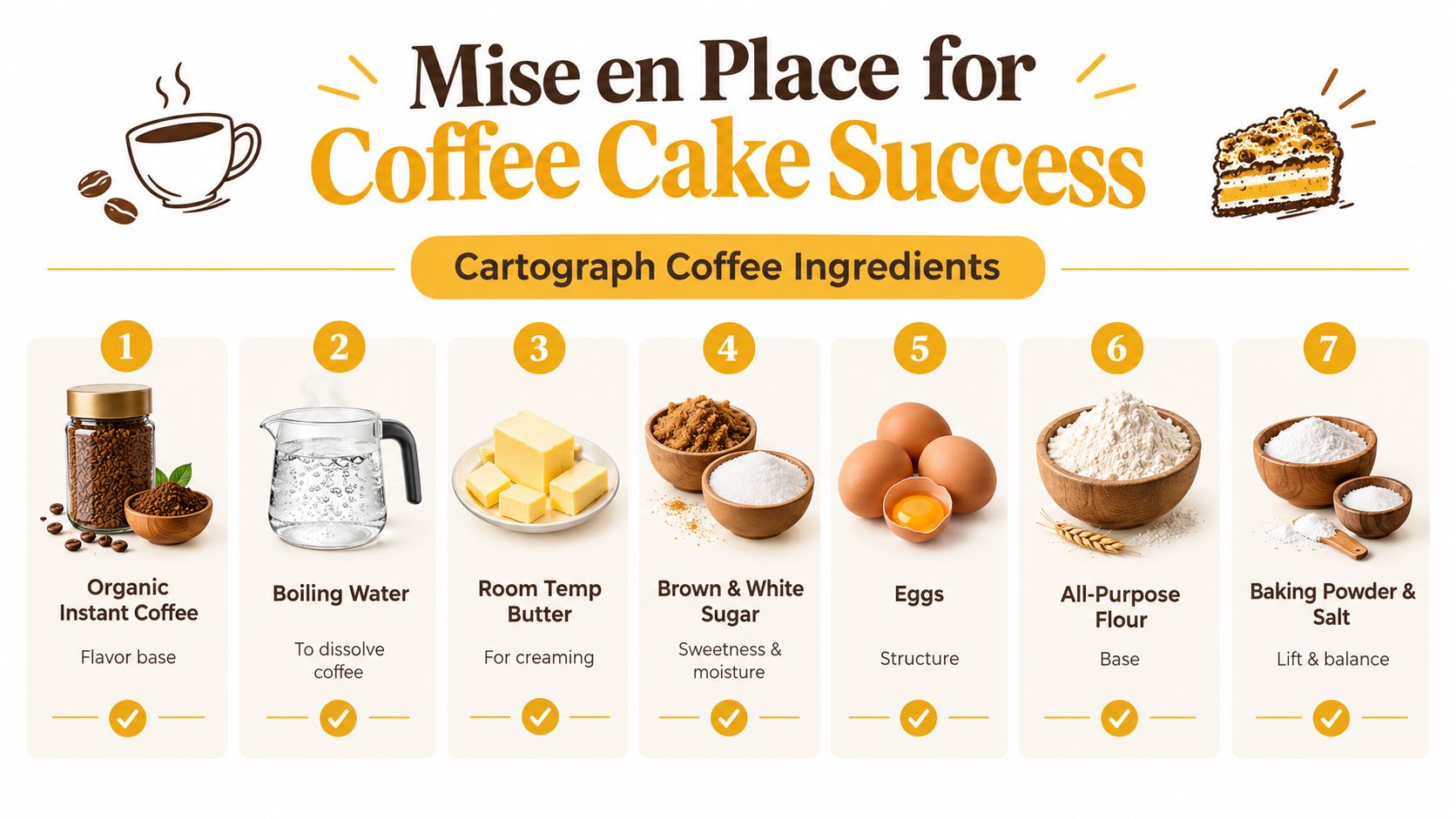 A mise en place guide for coffee cake showing seven essential ingredients labeled with numbers and descriptions.