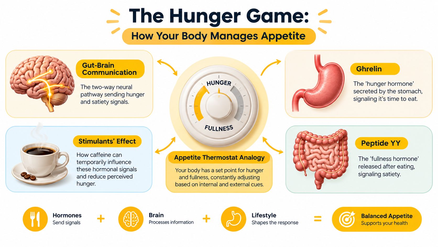 An infographic titled The Hunger Game explaining how the brain, hormones, and lifestyle regulate body appetite.