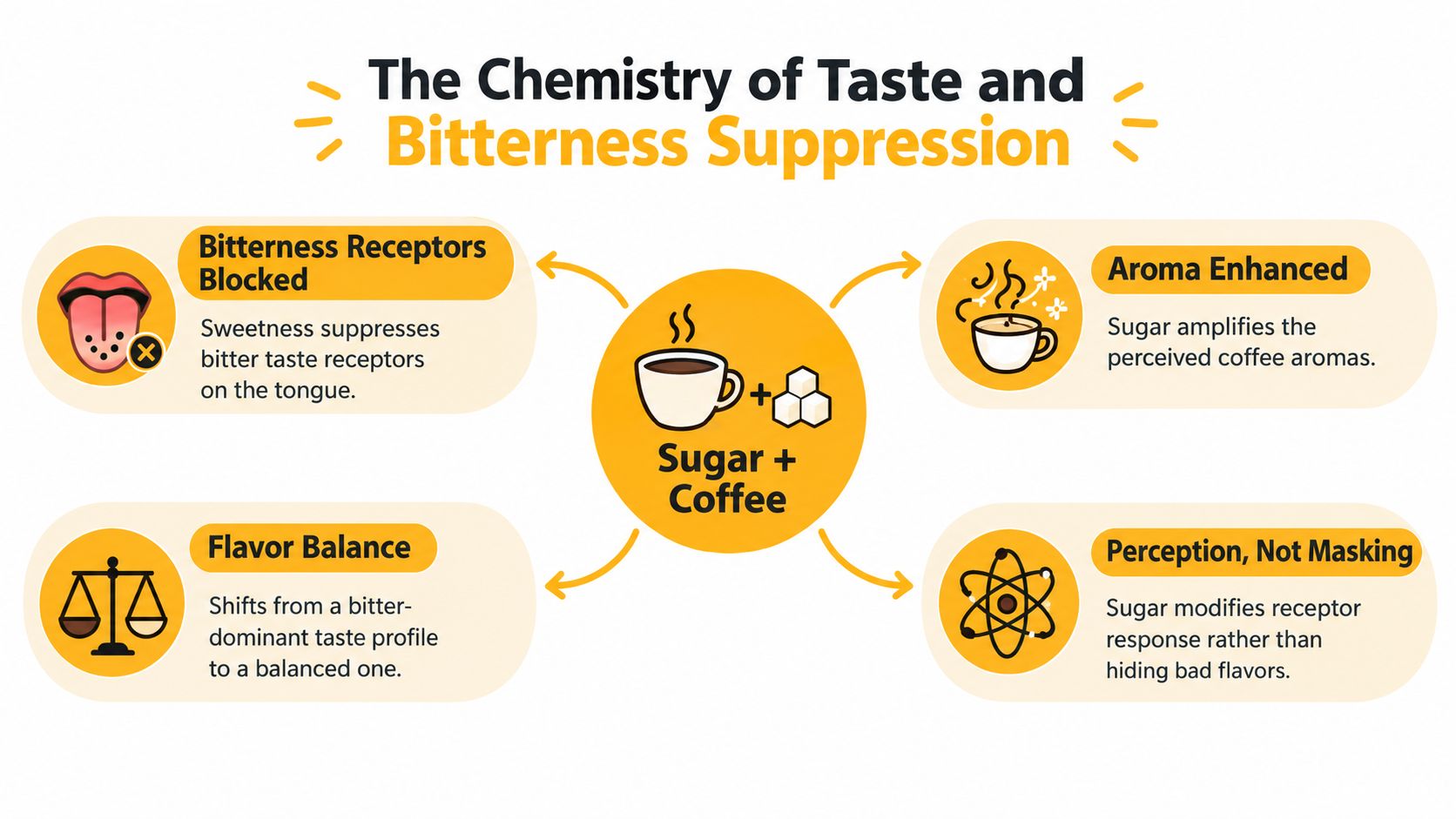 An infographic explaining how sugar in coffee helps suppress bitterness through taste receptor modification and balancing.