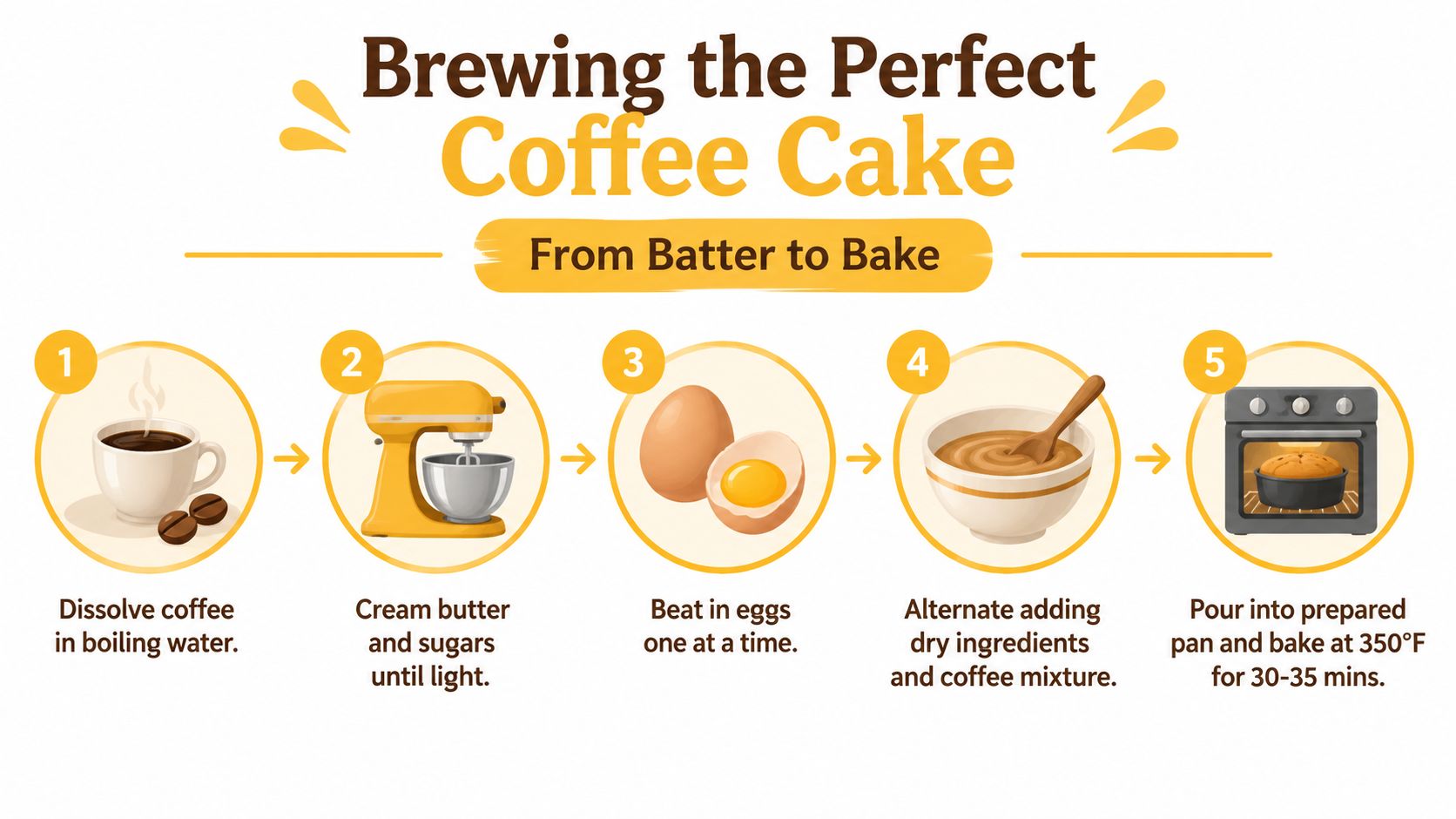 An infographic illustrating five easy steps for brewing a coffee cake from batter to finished bake.