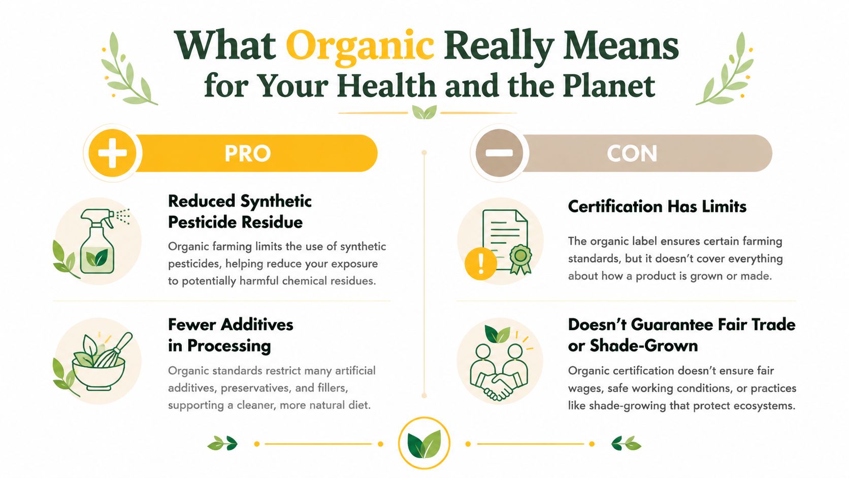 An infographic showing the pros and cons of organic farming for human health and the environment.