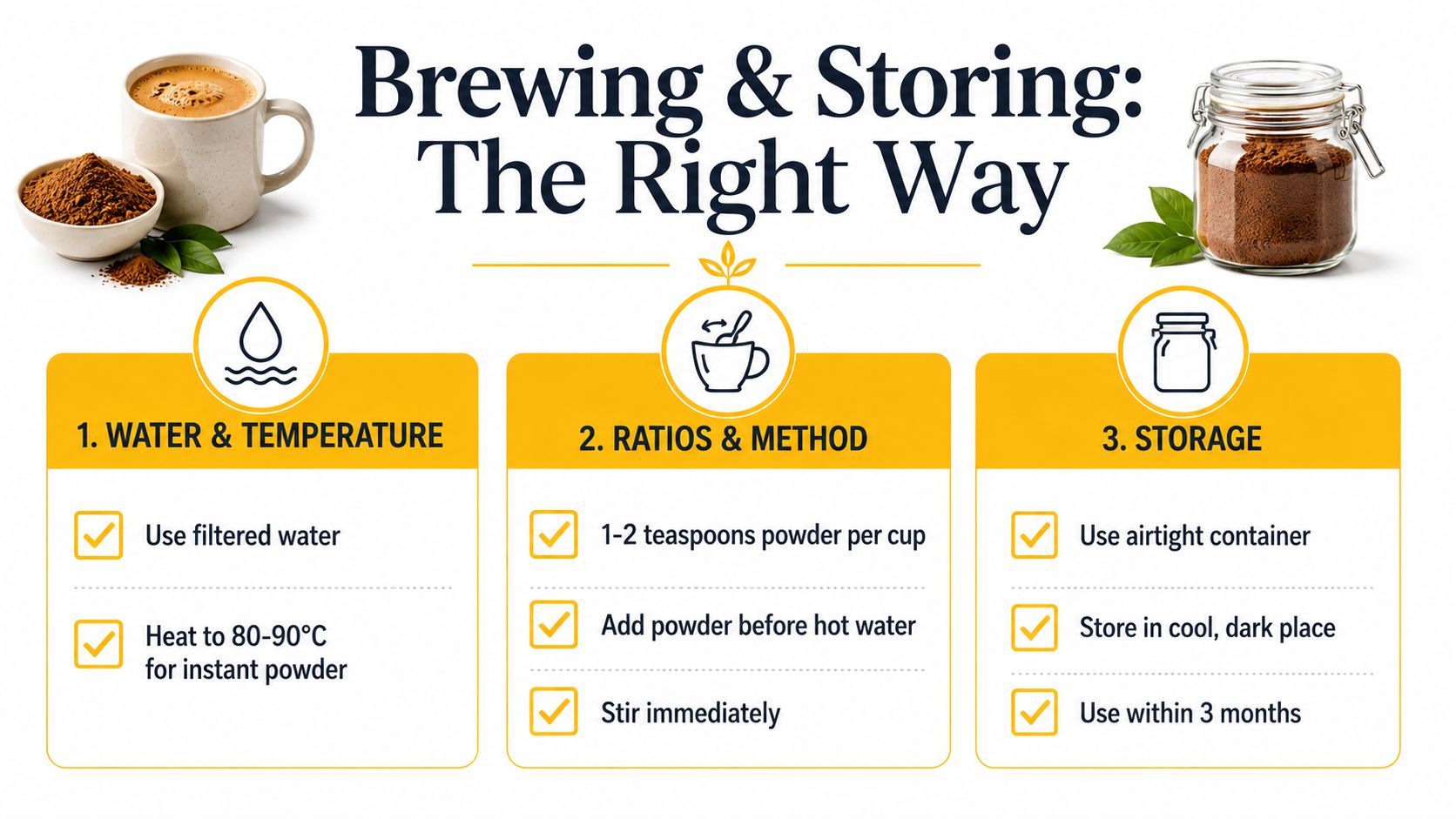 An infographic titled Brewing and Storing explaining tips for preparing and storing instant coffee powder correctly.