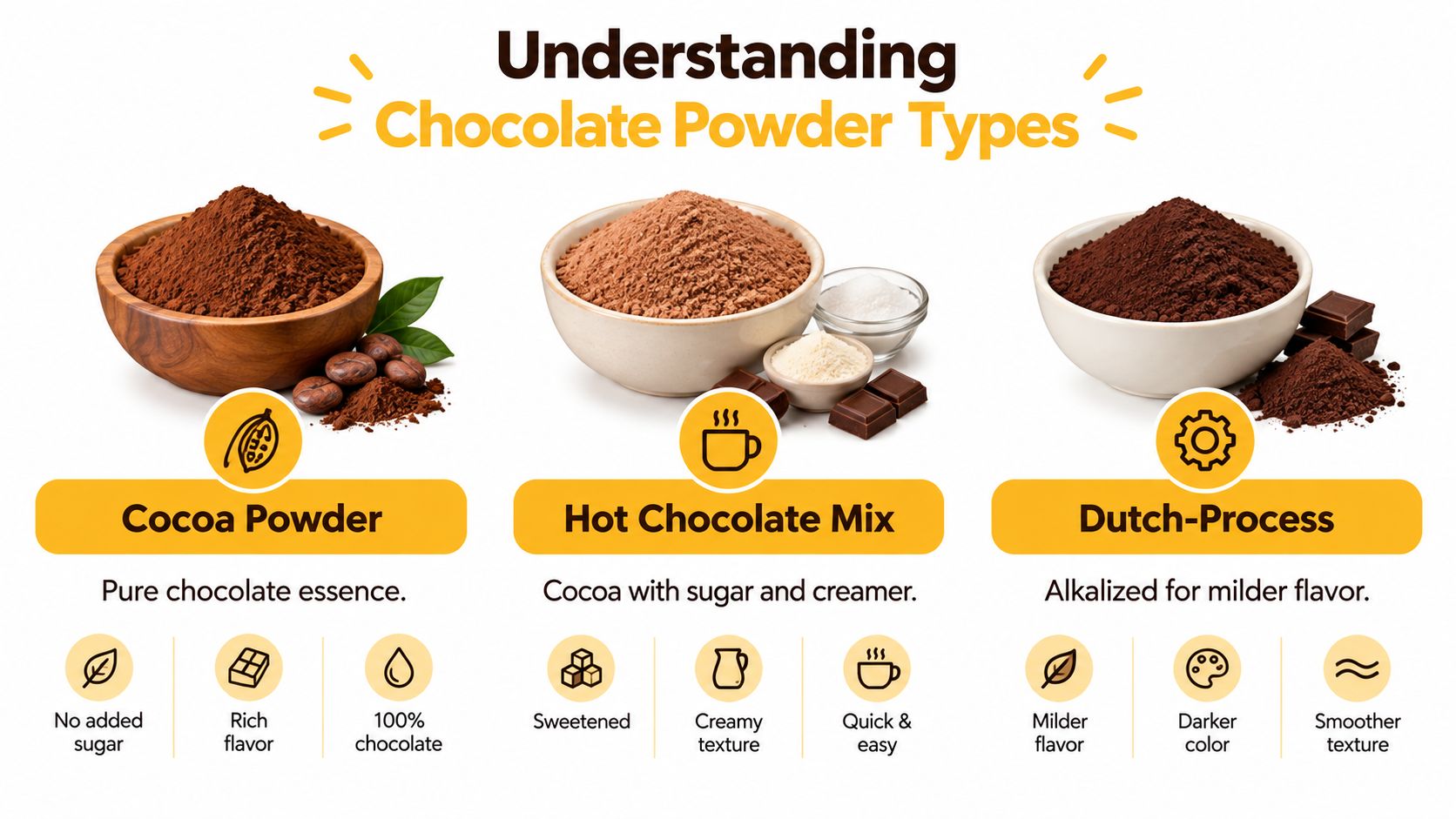 An educational infographic comparing three types of chocolate: cocoa powder, hot chocolate mix, and Dutch-process cocoa.