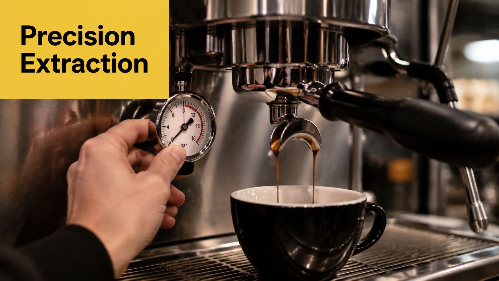 A close-up of a hand checking the pressure gauge while an espresso machine brews coffee into a cup.
