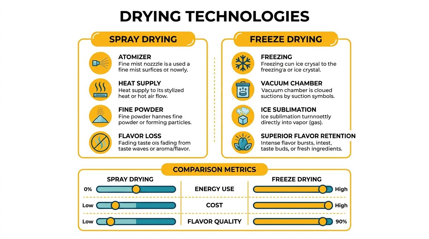 A comparison infographic showing the steps and metrics of spray drying versus freeze drying technology for food processing.