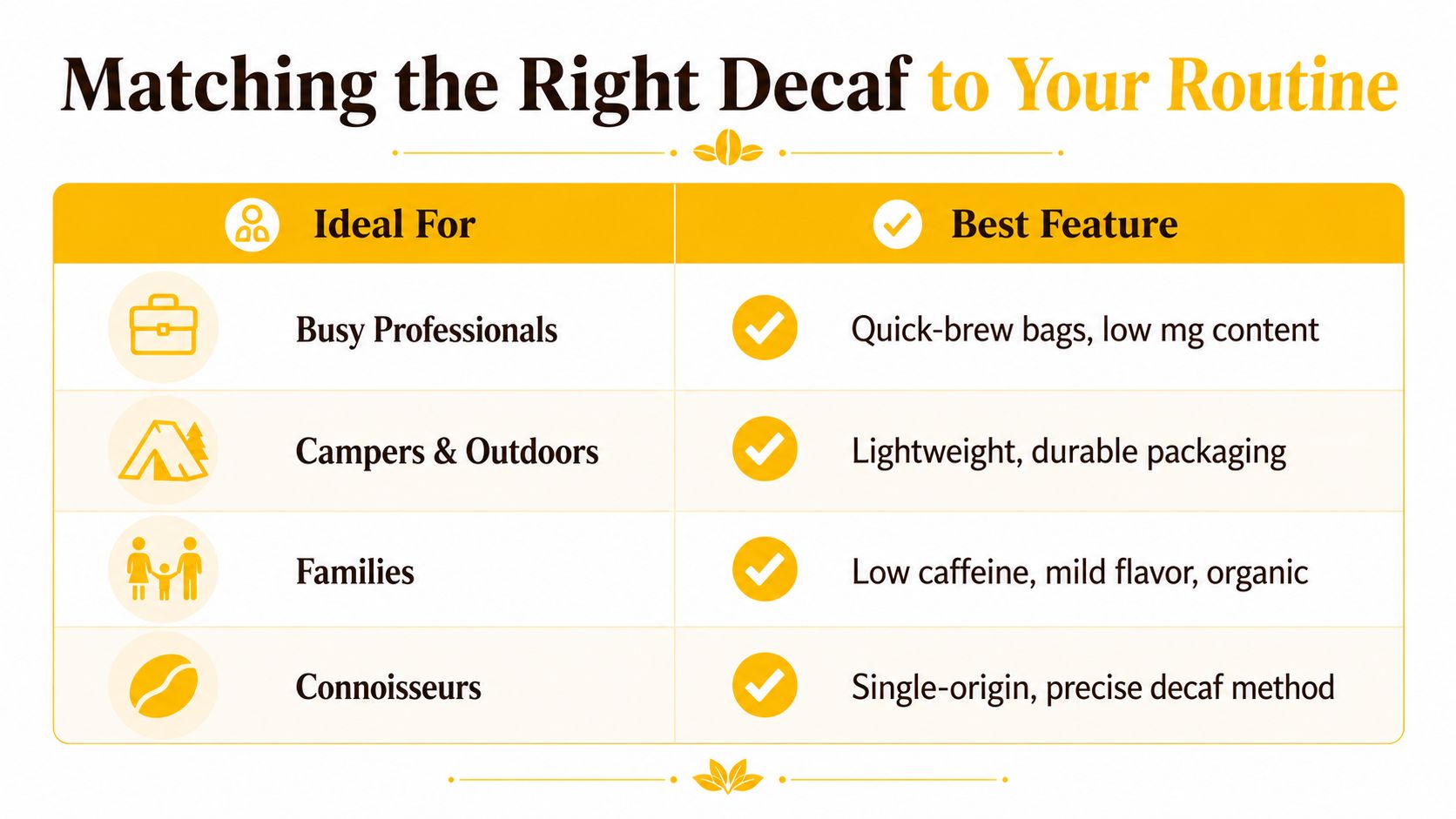 A chart matching different lifestyles like busy professionals and families with the best decaf coffee features.