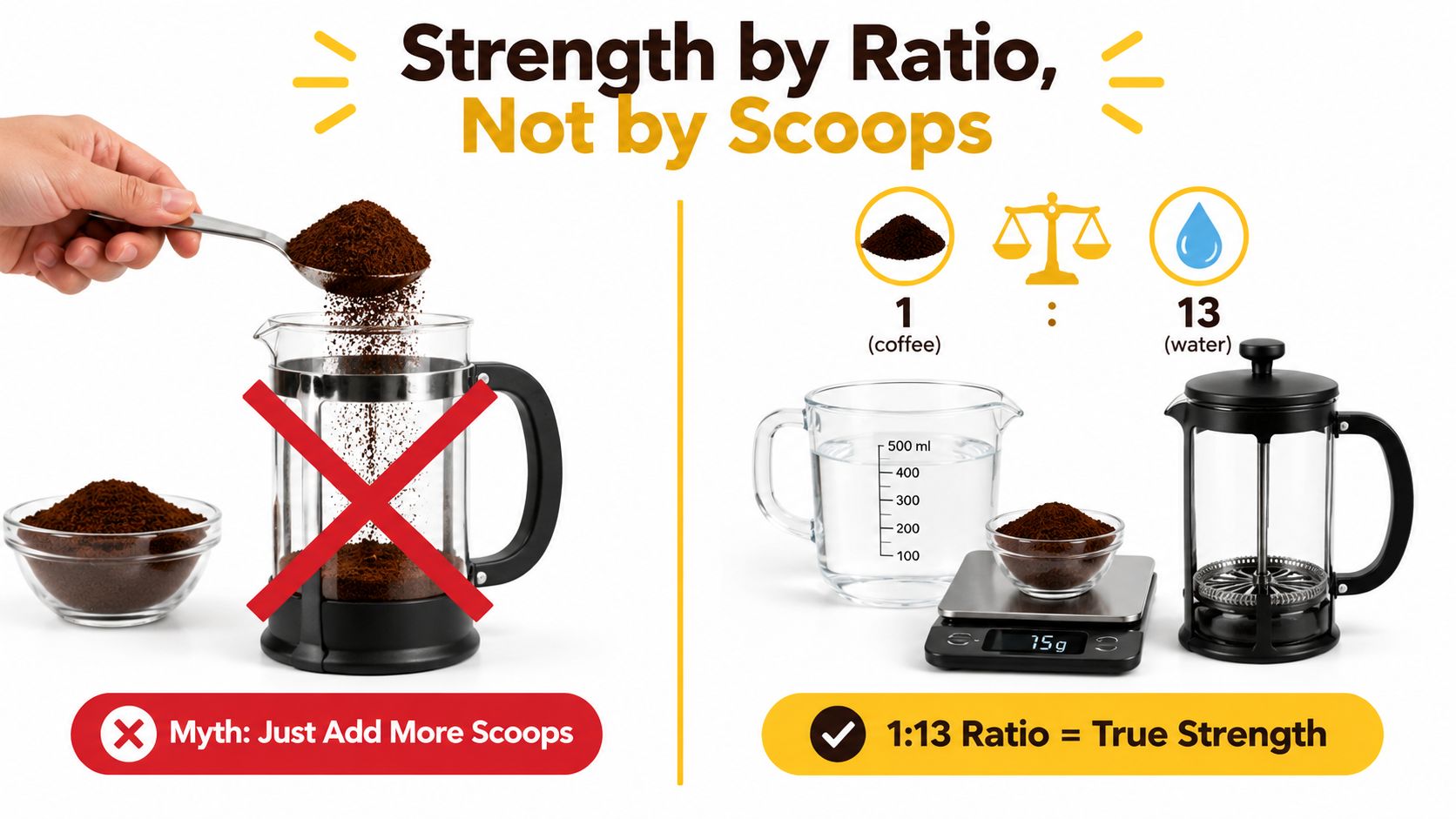 An educational graphic demonstrating how to brew coffee using a precise weight ratio instead of scoops.