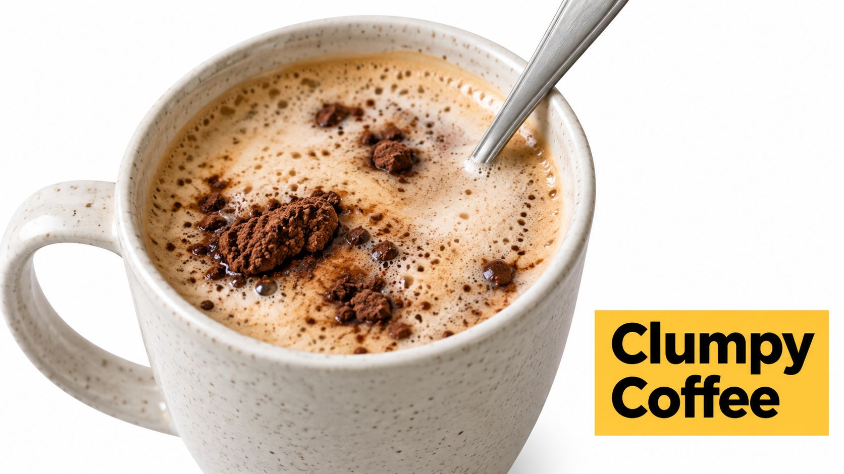 A speckled ceramic mug filled with foamy coffee topped with clumps of powdered chocolate and a spoon.