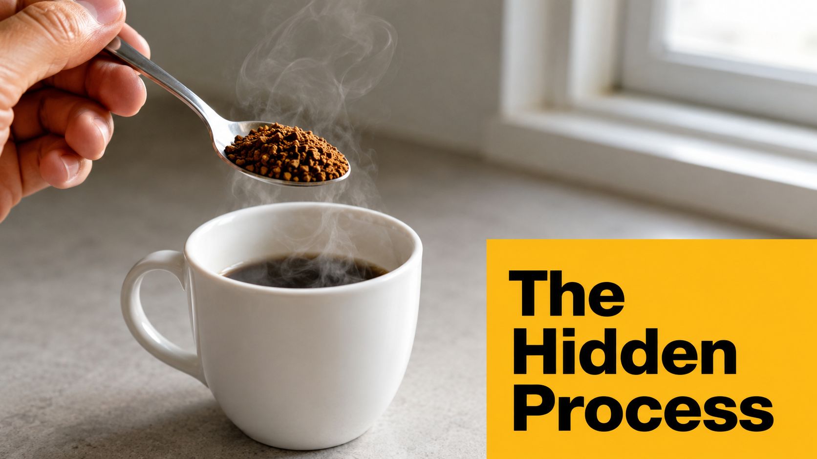 A hand holding a silver spoon with instant coffee granules over a steaming white ceramic coffee cup.