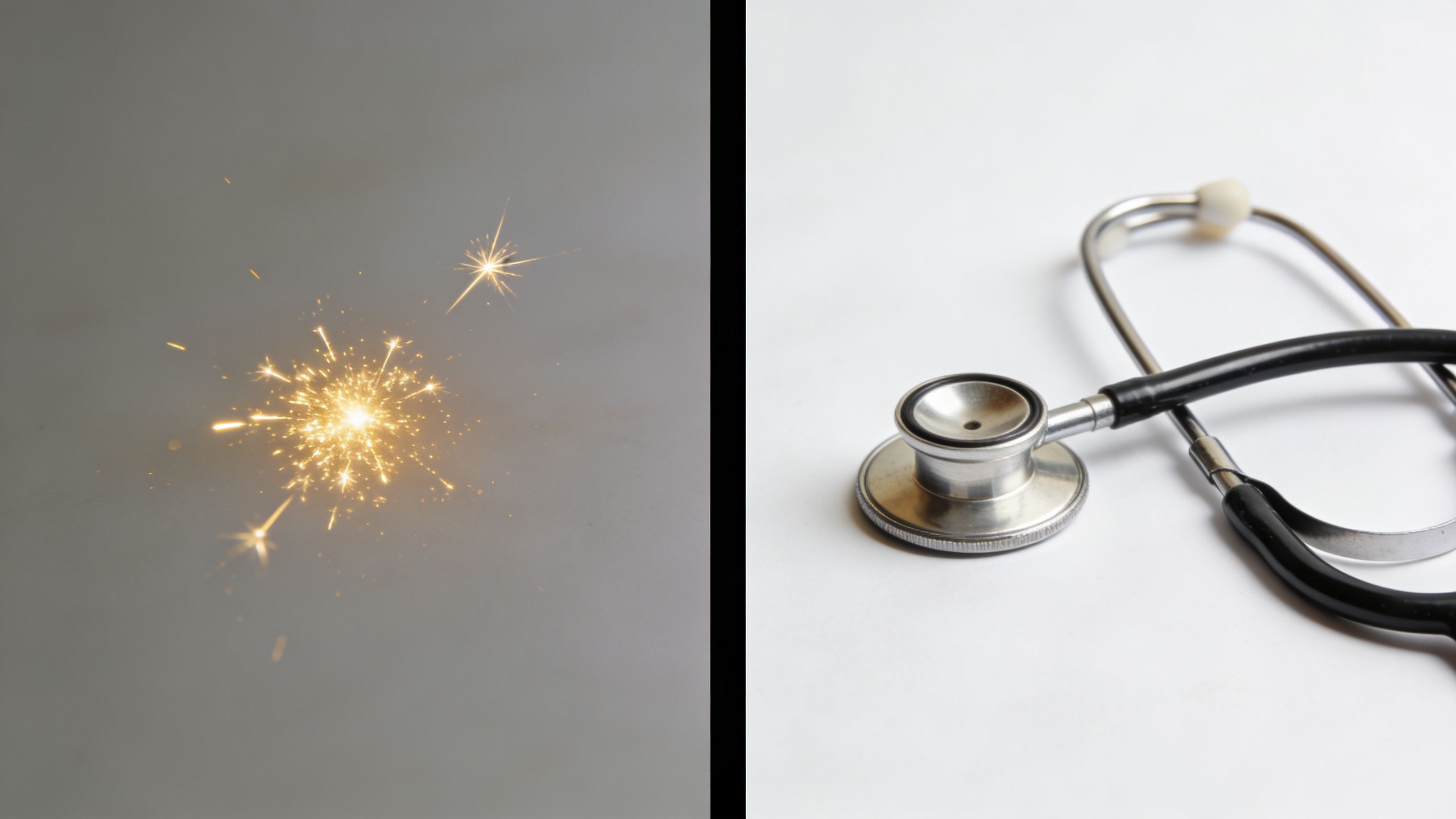 Una pantalla dividida que muestra el efecto de una bengala brillante a la izquierda y un estetoscopio médico a la derecha.
