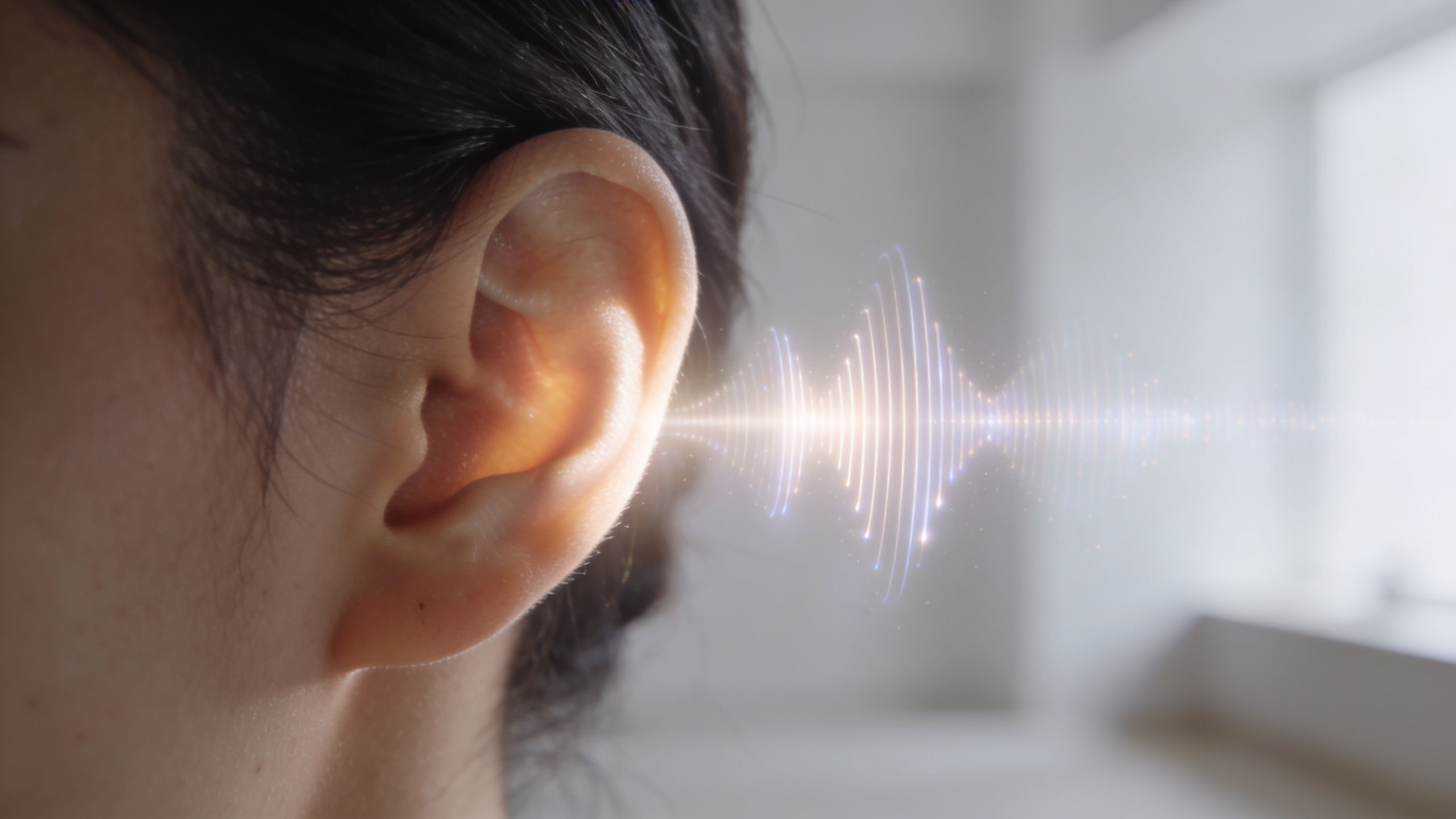 Vista de cerca del oído de una persona con un gráfico de onda sonora brillante que representa la audición espiritual.