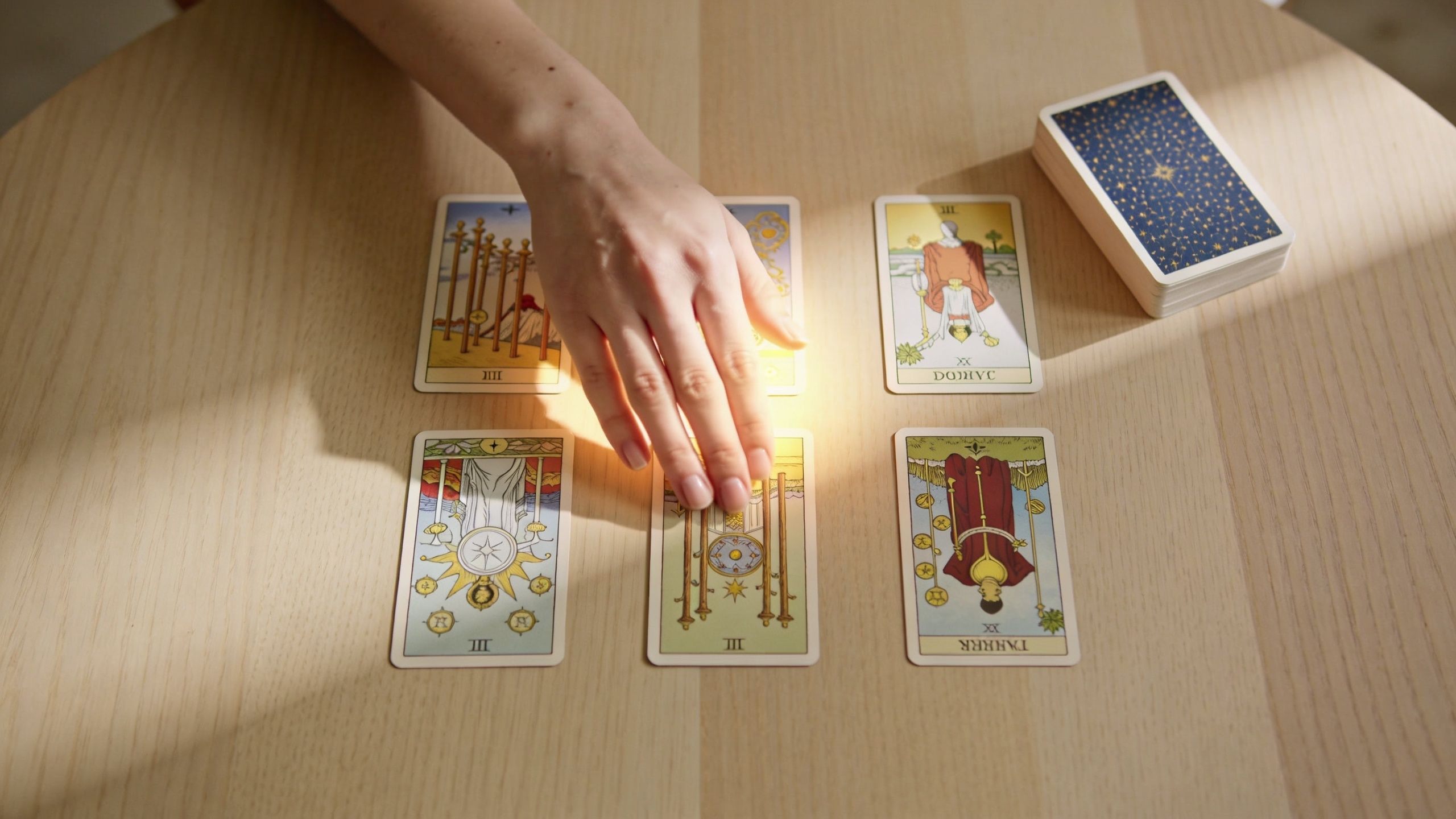 Una mano tocando cartas de tarot extendidas sobre una mesa de madera durante una lectura espiritual.