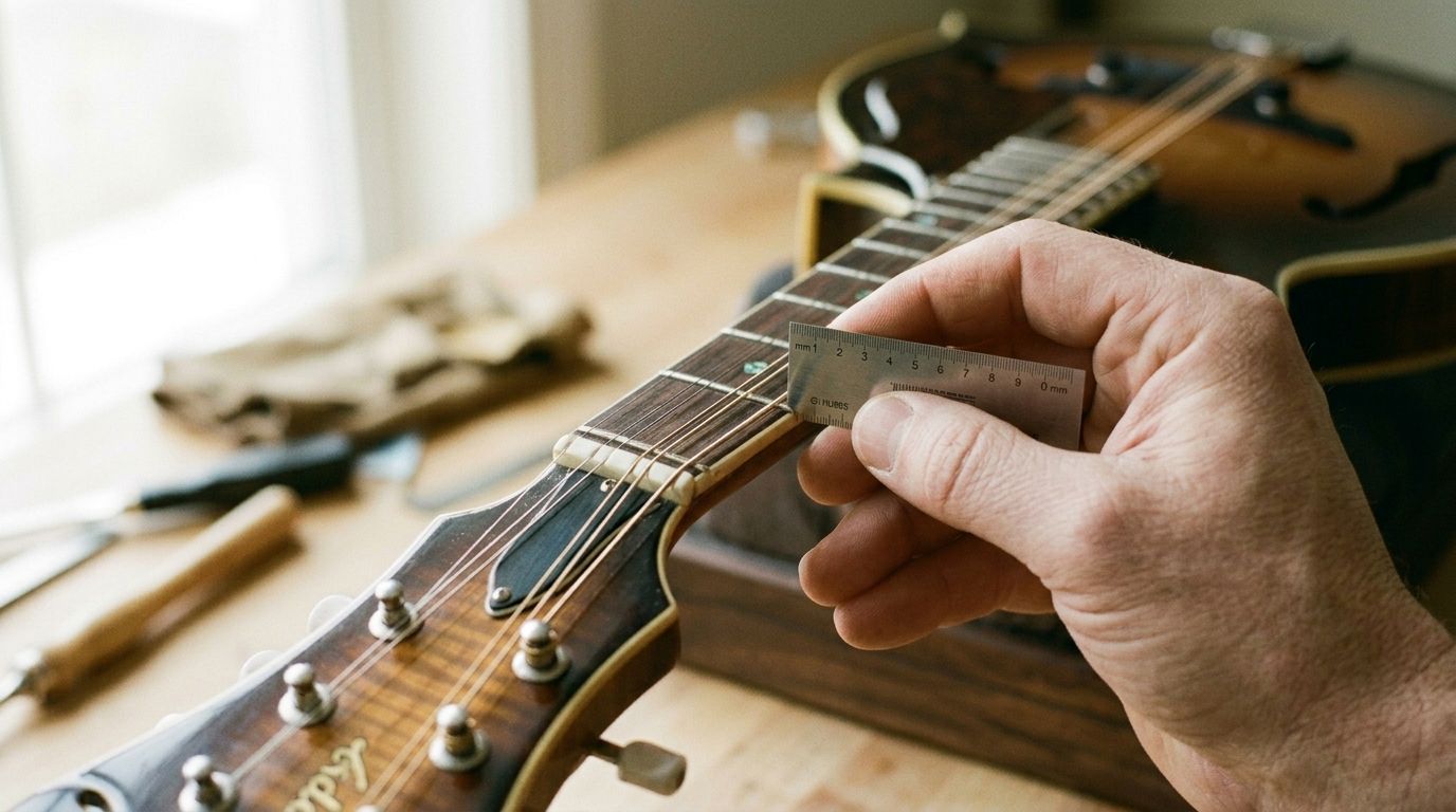 A luthier uses a precision ruler to measure string height on the fretboard of a vintage mandolin.