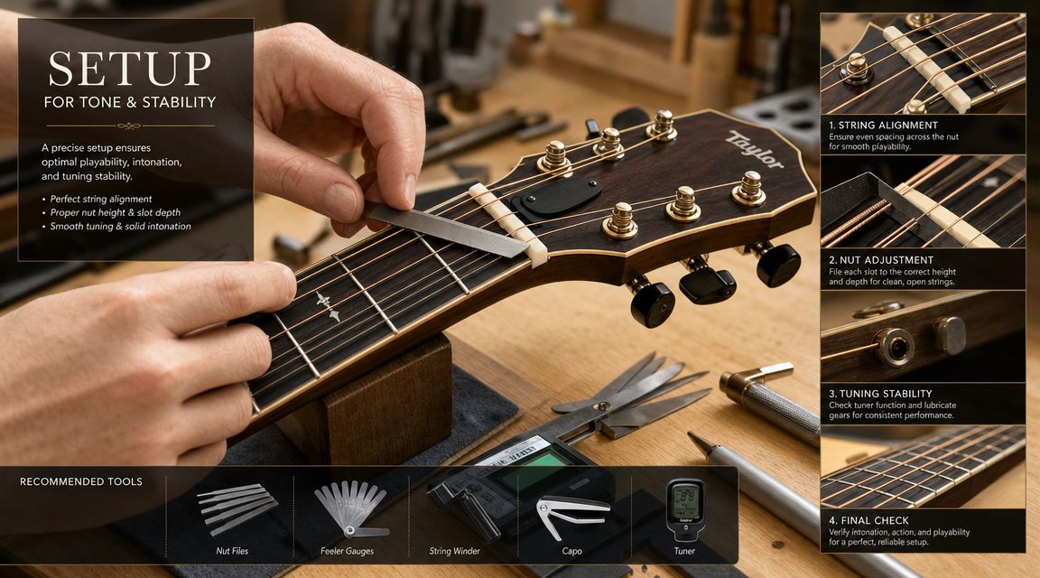 A luthier uses a file to perform a professional setup on a Taylor acoustic guitar headstock.
