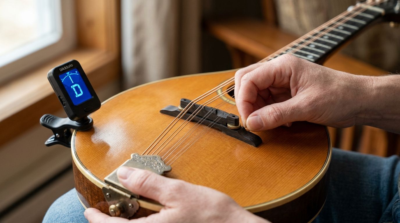 A close-up view of a musician adjusting the bridge on a wooden mandolin using a clip-on tuner.