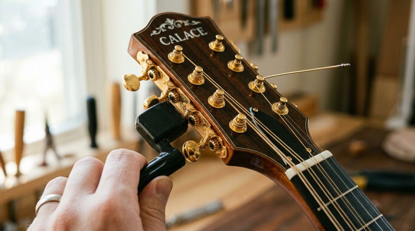 A close-up view of a person using a peg winder to adjust the tuners on a Calace mandolin.