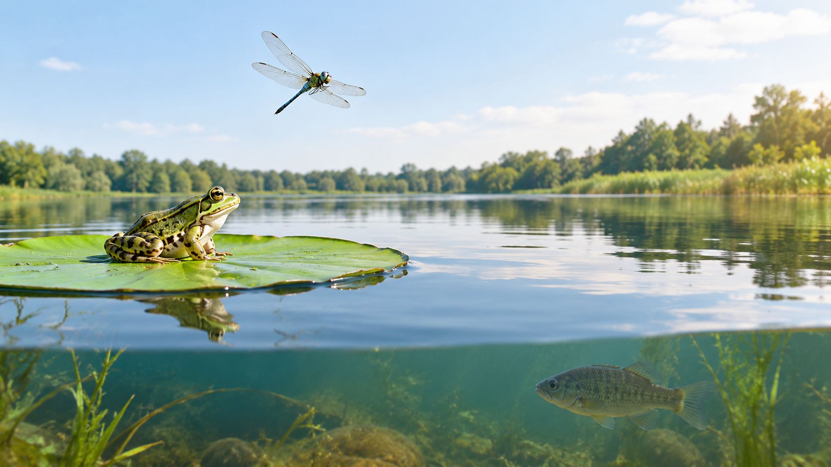 A frog sits on a lily pad while a dragonfly flies above a tranquil, clear lake.