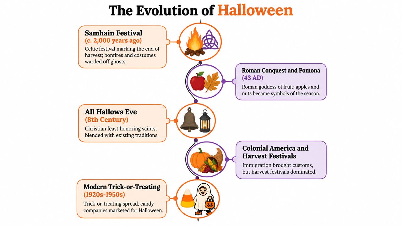 A vertical infographic timeline detailing the historical evolution of Halloween traditions from ancient times to modernity.
