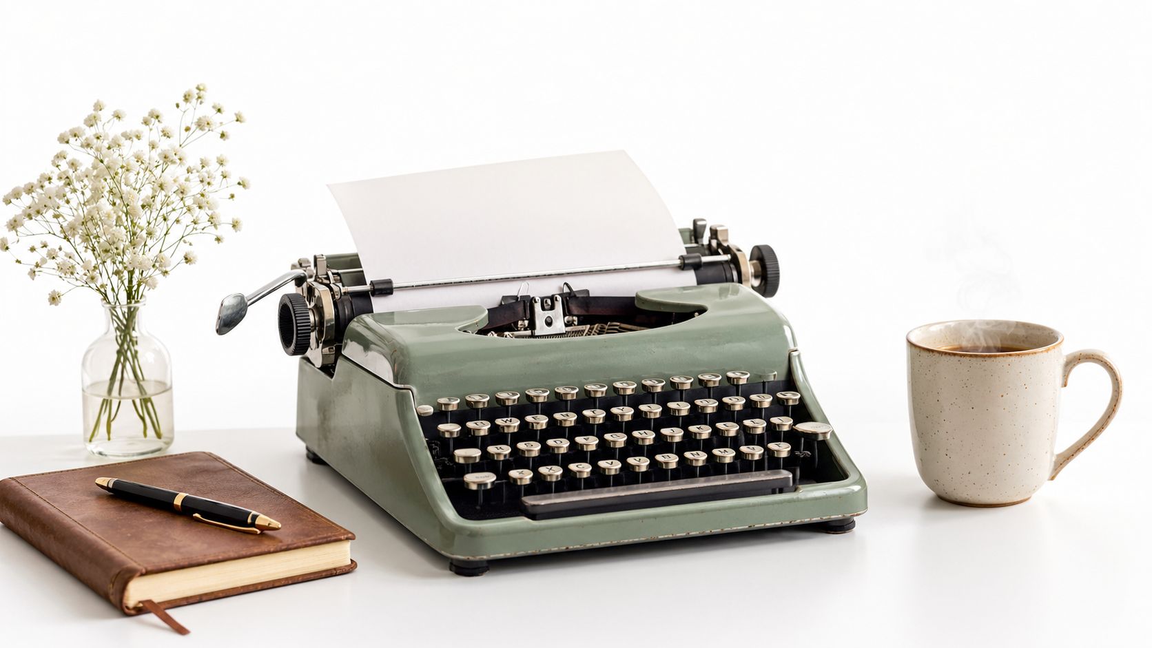 A vintage green typewriter sits on a desk next to a leather notebook and a hot beverage.