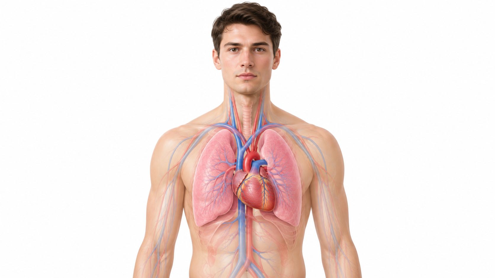 A male torso illustration showing the human lungs, heart, and primary cardiovascular system in high detail.
