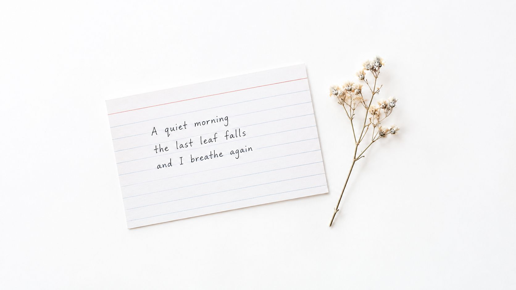 A lined index card with the handwritten text A quiet morning, the last leaf falls, and I breathe again.
