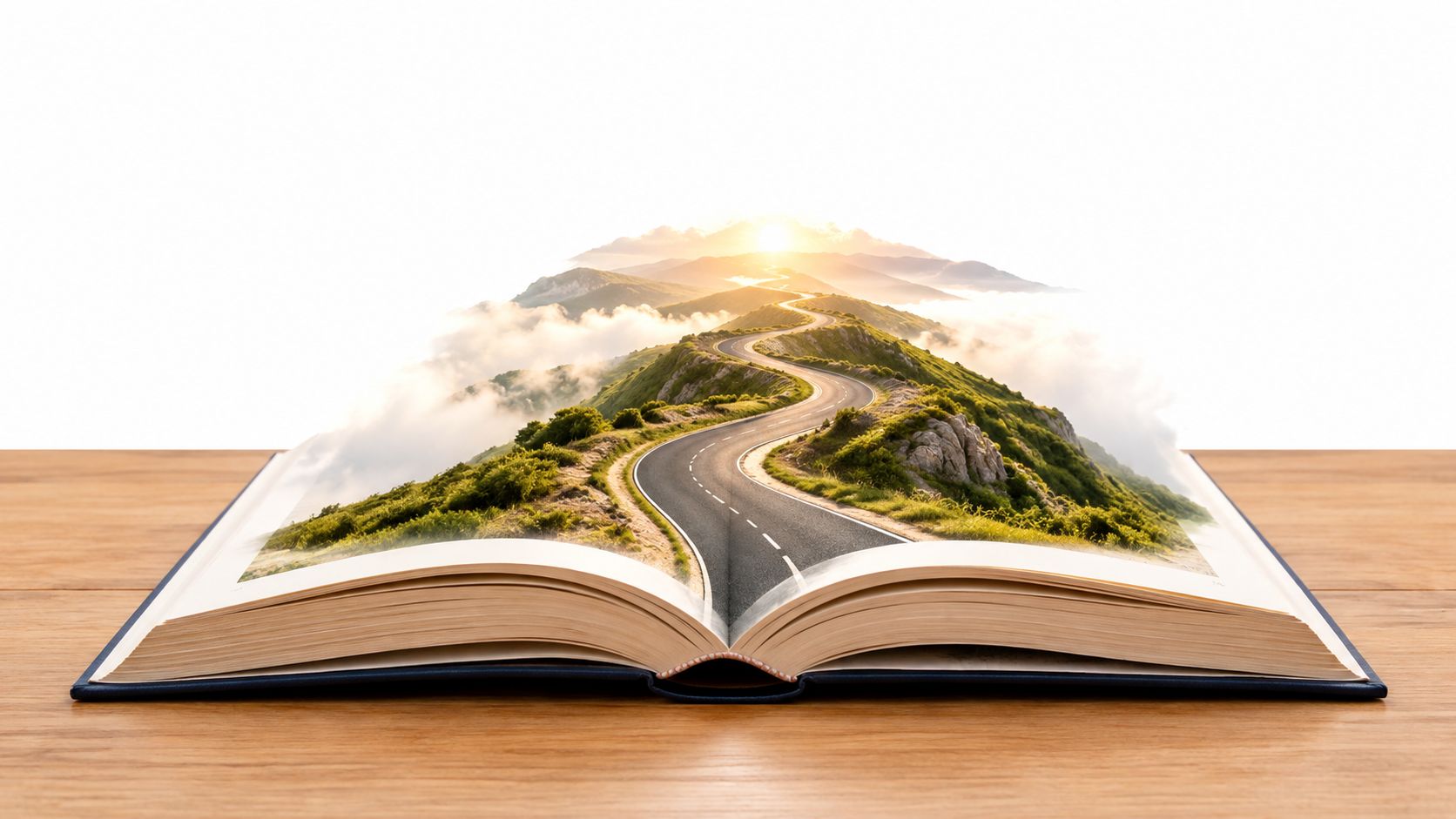 An open book on a wooden table displaying a winding road through scenic mountains and clouds.