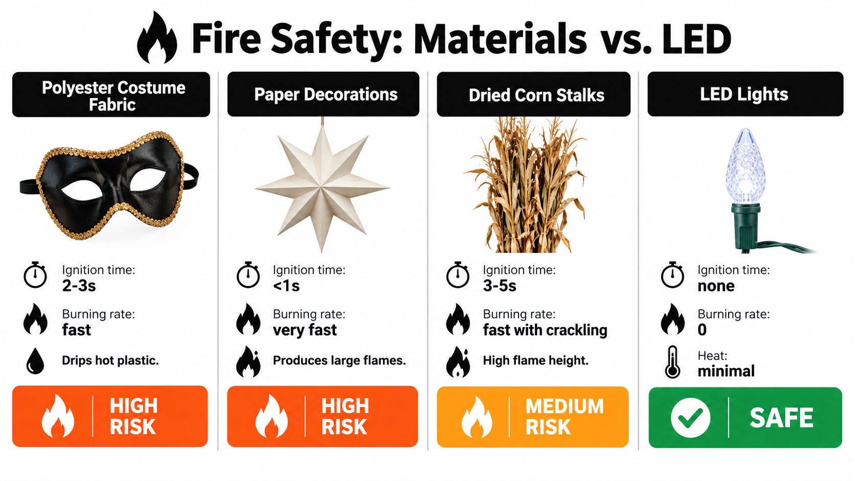 A fire safety chart comparing the flammability of common Halloween decorations like costumes, paper, corn, and LED lights.