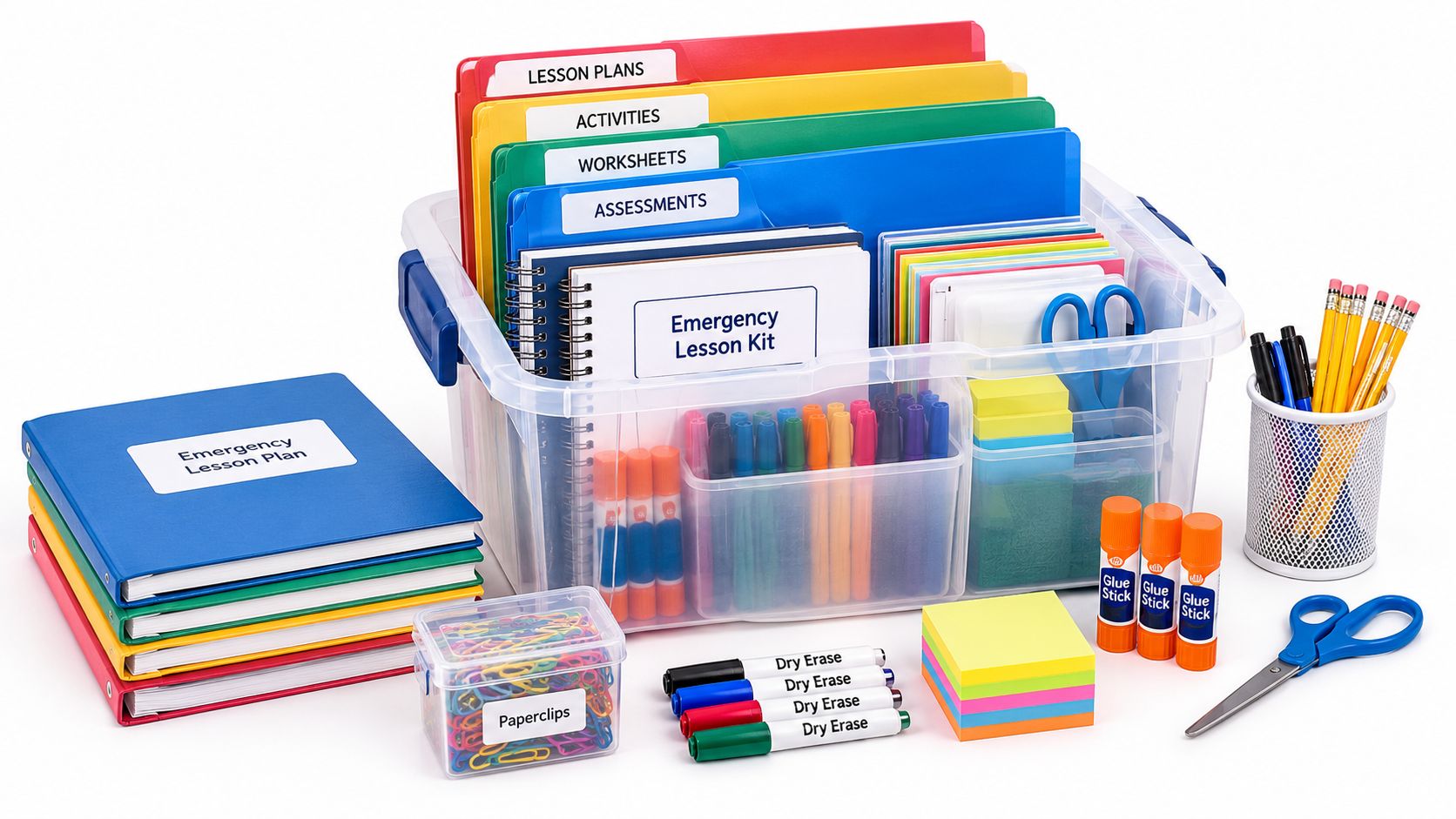 A clear plastic storage bin filled with organized classroom supplies, including lesson folders, stationery, glue sticks, and pens.