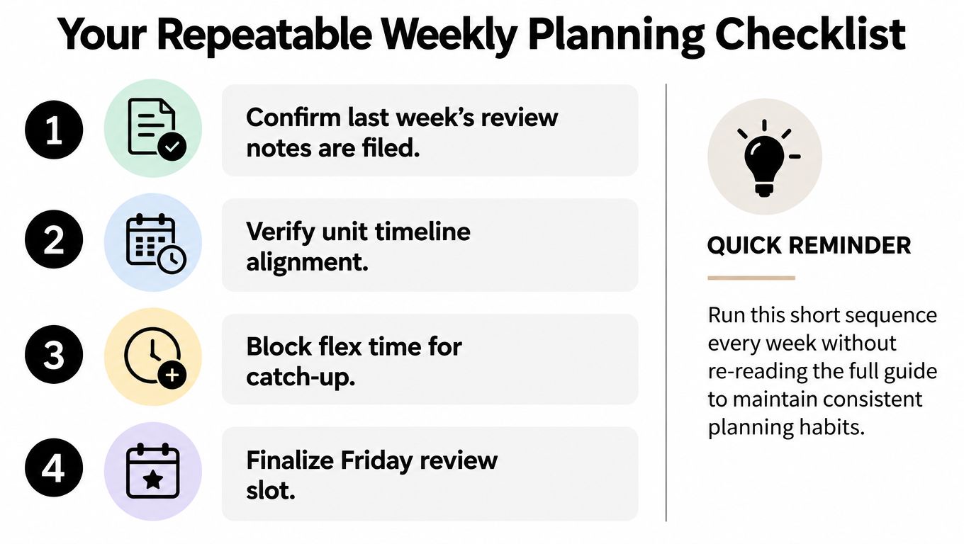 A four-step repeatable weekly planning checklist for teachers to organize their time and review tasks efficiently.