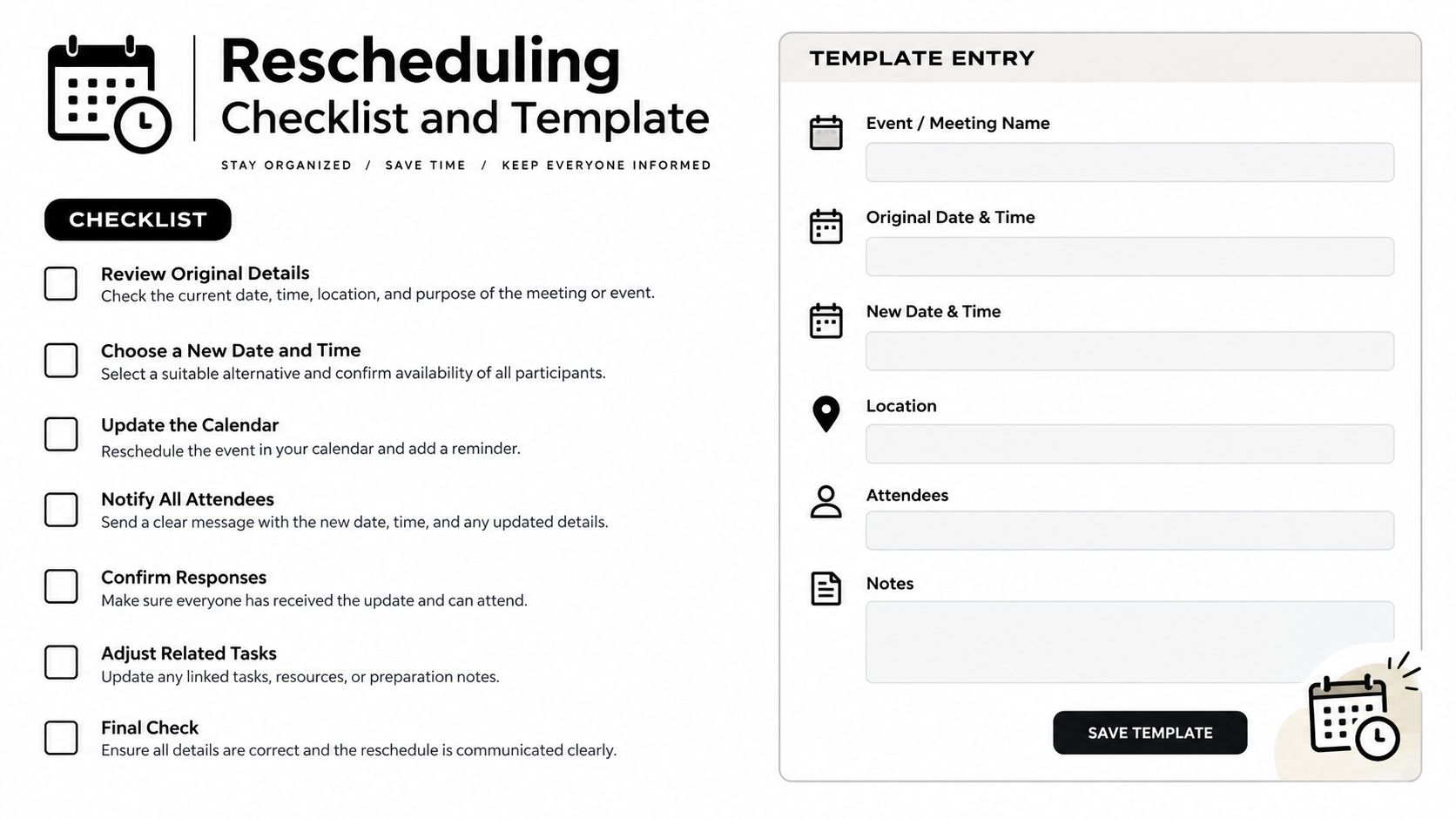 A rescheduling checklist and template for events and meetings with a calendar and task list icons.