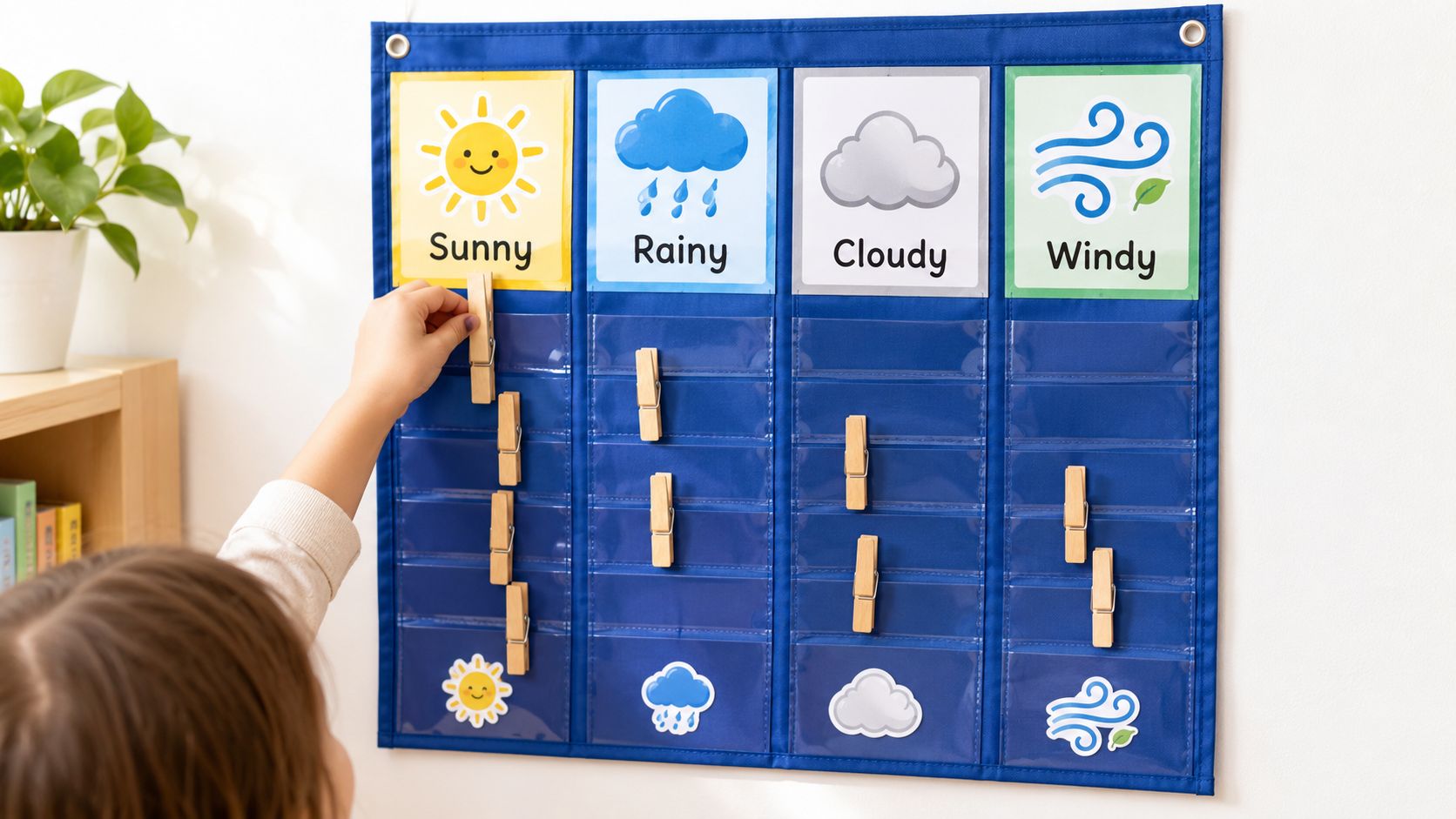 A young child interacting with a colorful wall pocket chart to learn about different daily weather conditions.