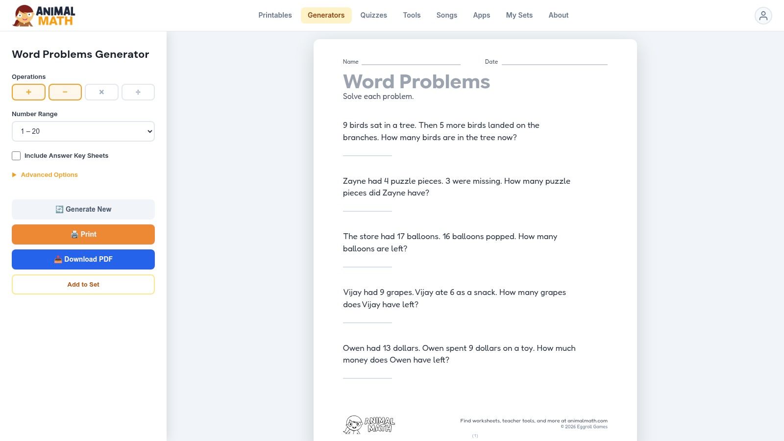 Animal Math – Word Problems Worksheet Generator