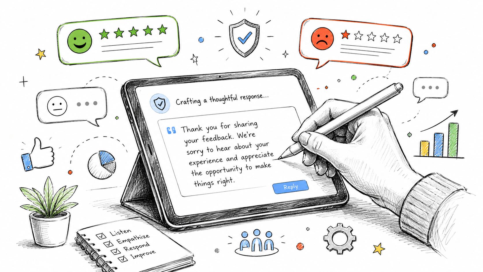 A hand using a digital pen to write a thoughtful customer feedback response on a tablet screen.