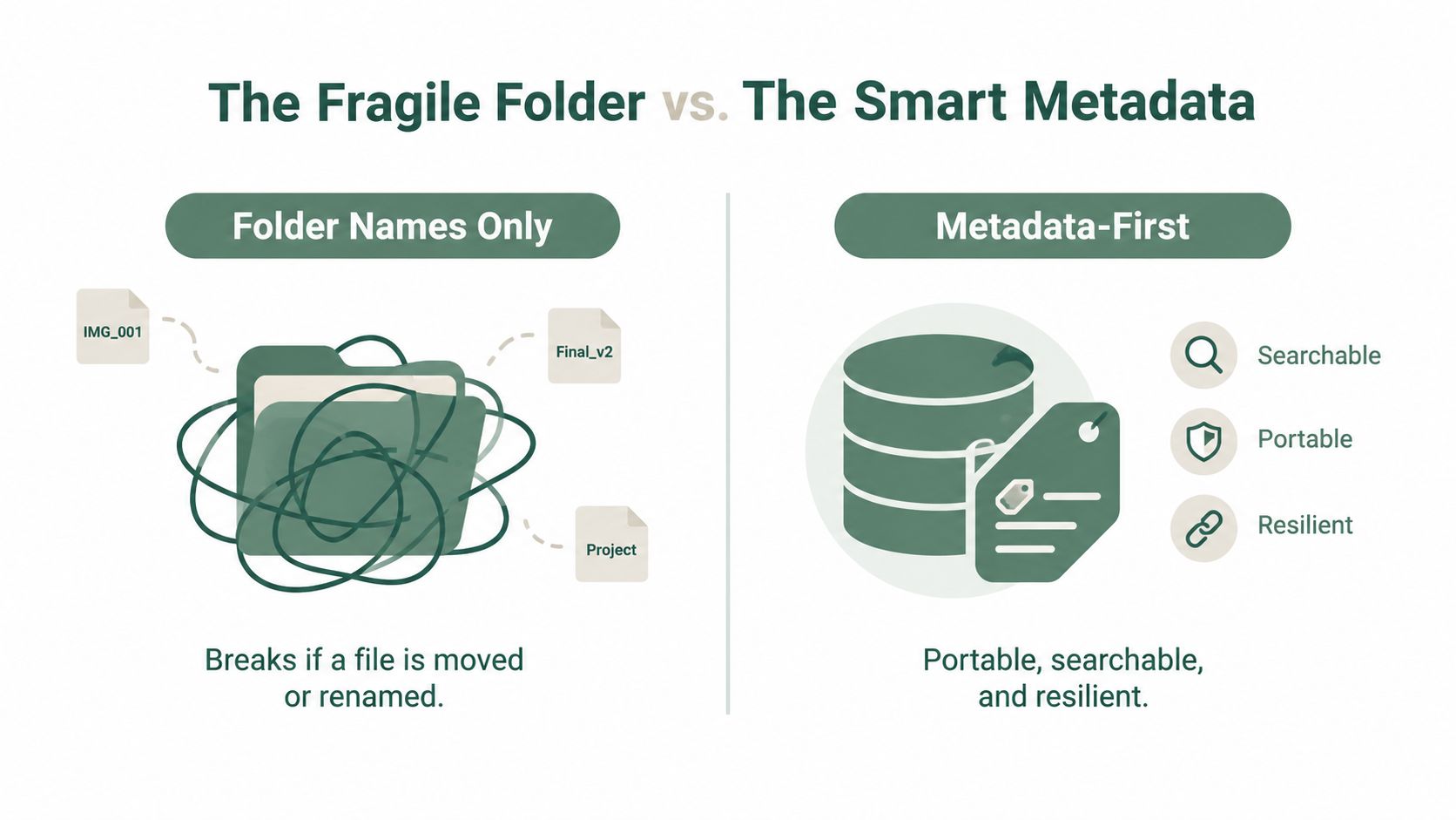 A diagram comparing the fragile nature of folder-based file systems to the resiliency of smart metadata organization.