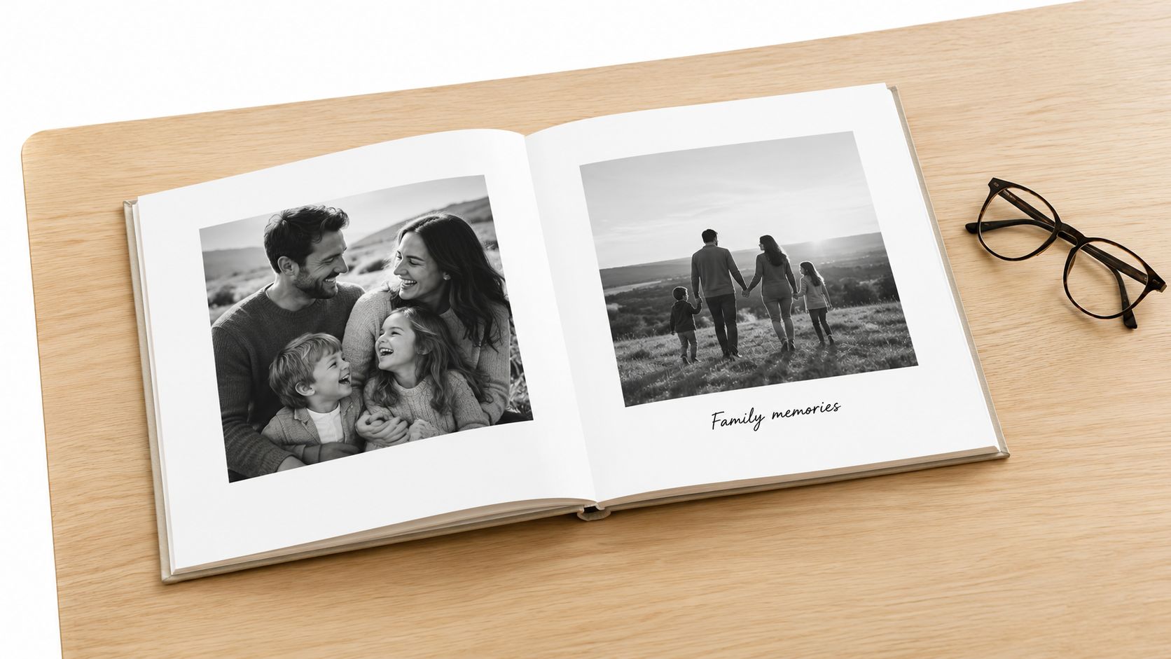 An open photo album on a wooden table displaying black and white family portraits with glasses nearby.