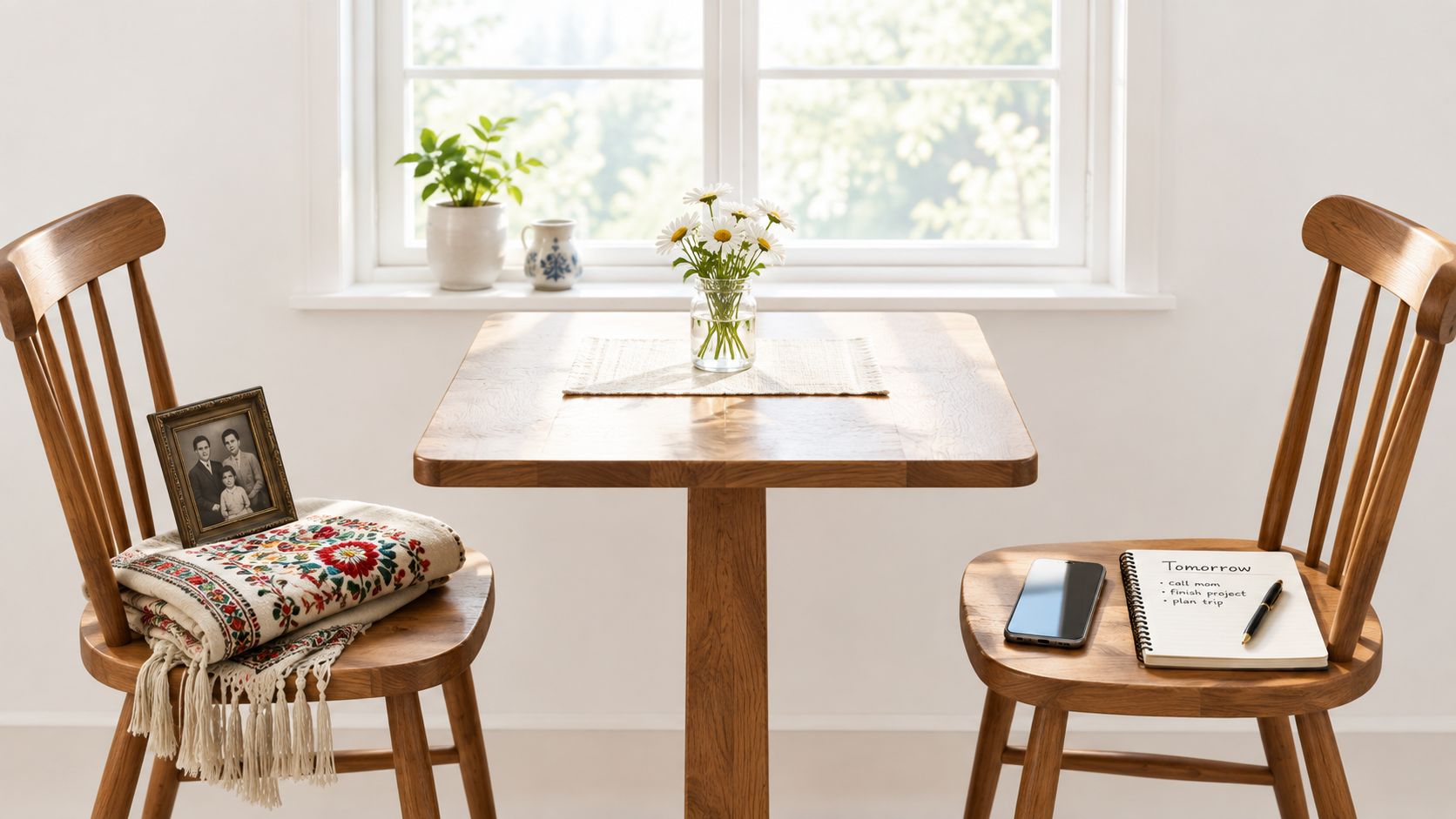 Two wooden chairs facing each other at a small table with a family photo and a notebook