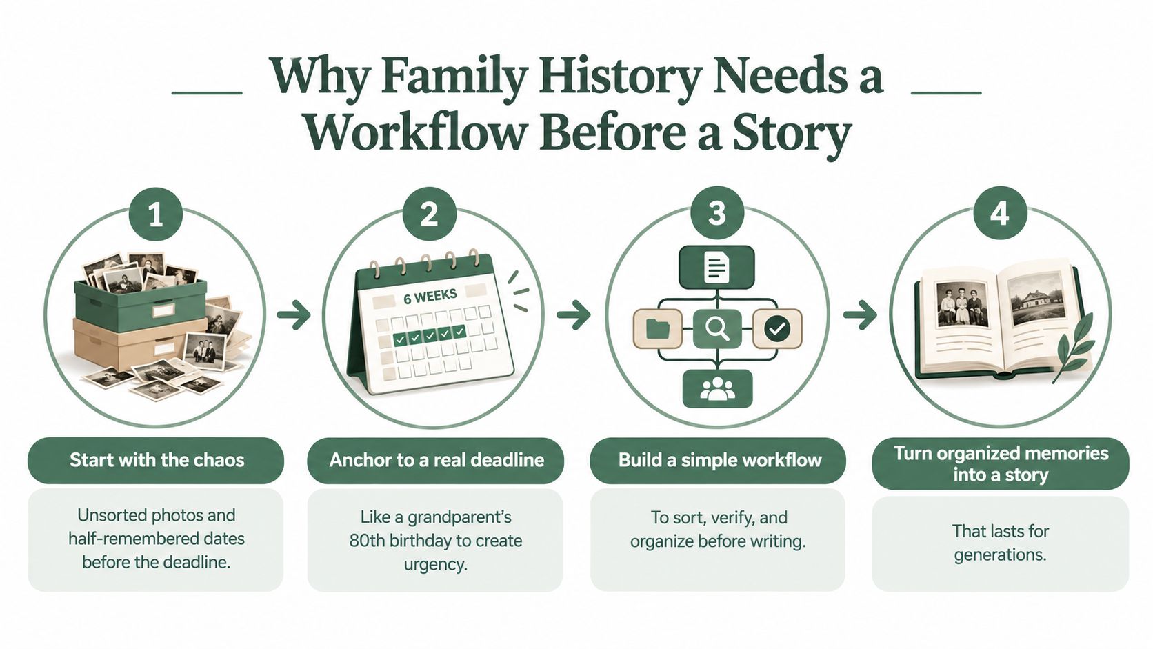 A four-step infographic illustrating how to organize family history materials into a lasting story.