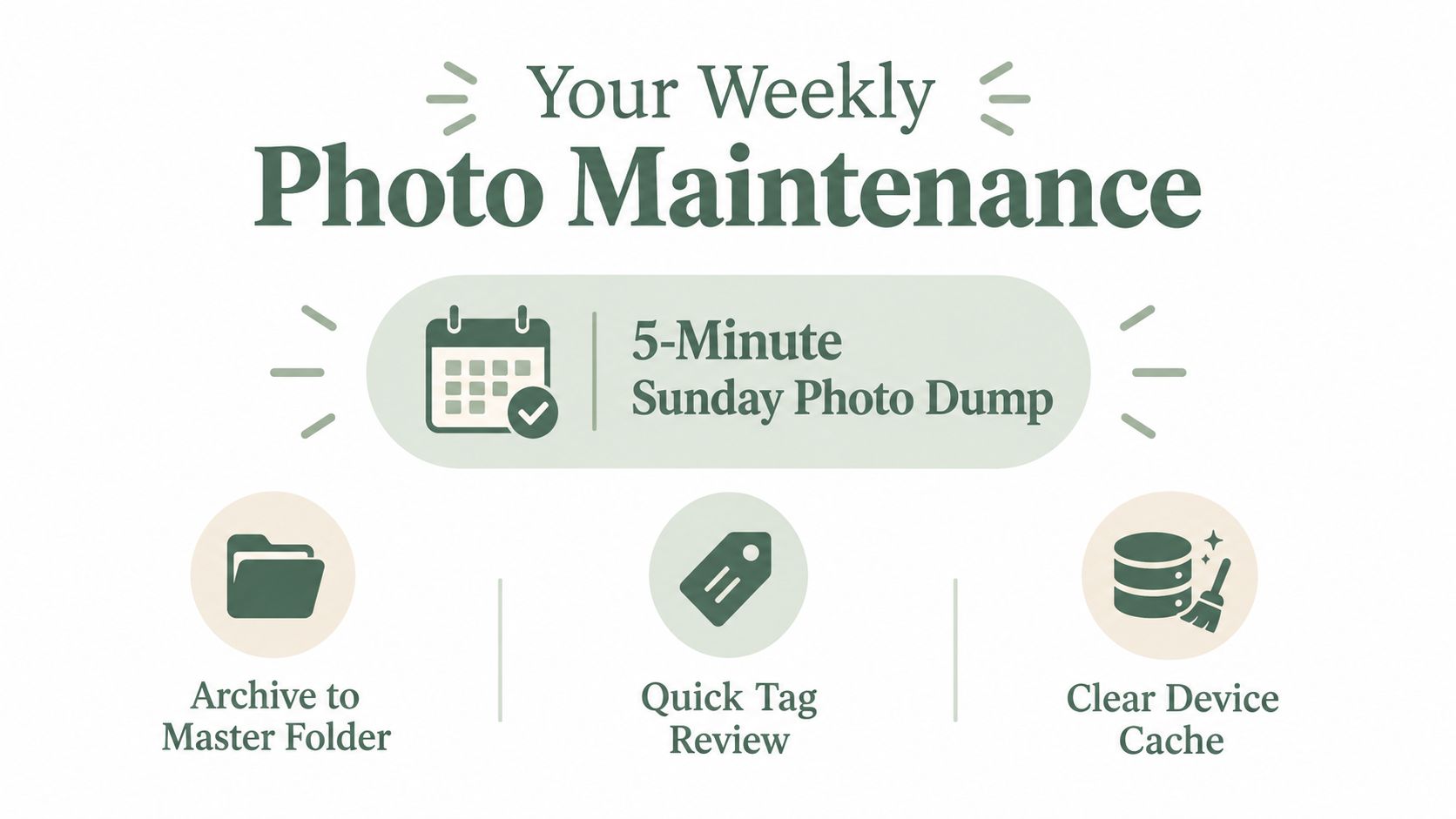 A graphic titled Your Weekly Photo Maintenance offering steps for a 5-minute Sunday photo organization routine.