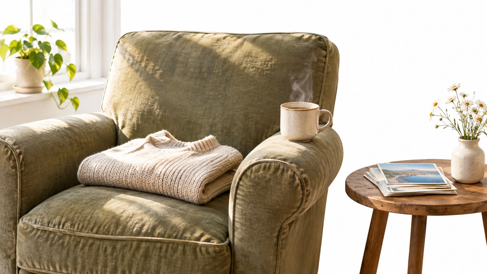 A cozy olive green velvet armchair with a folded cream sweater, a steaming mug, and flower vase.