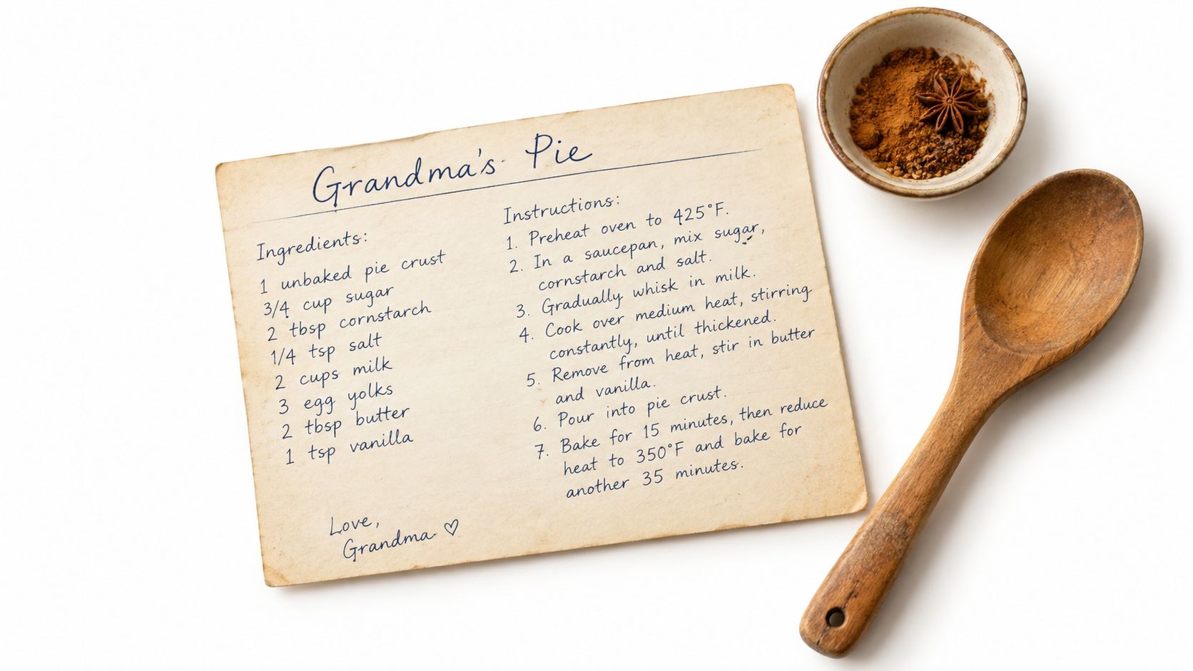A vintage-style recipe card for Grandma's Pie sits on a white surface next to a wooden spoon.