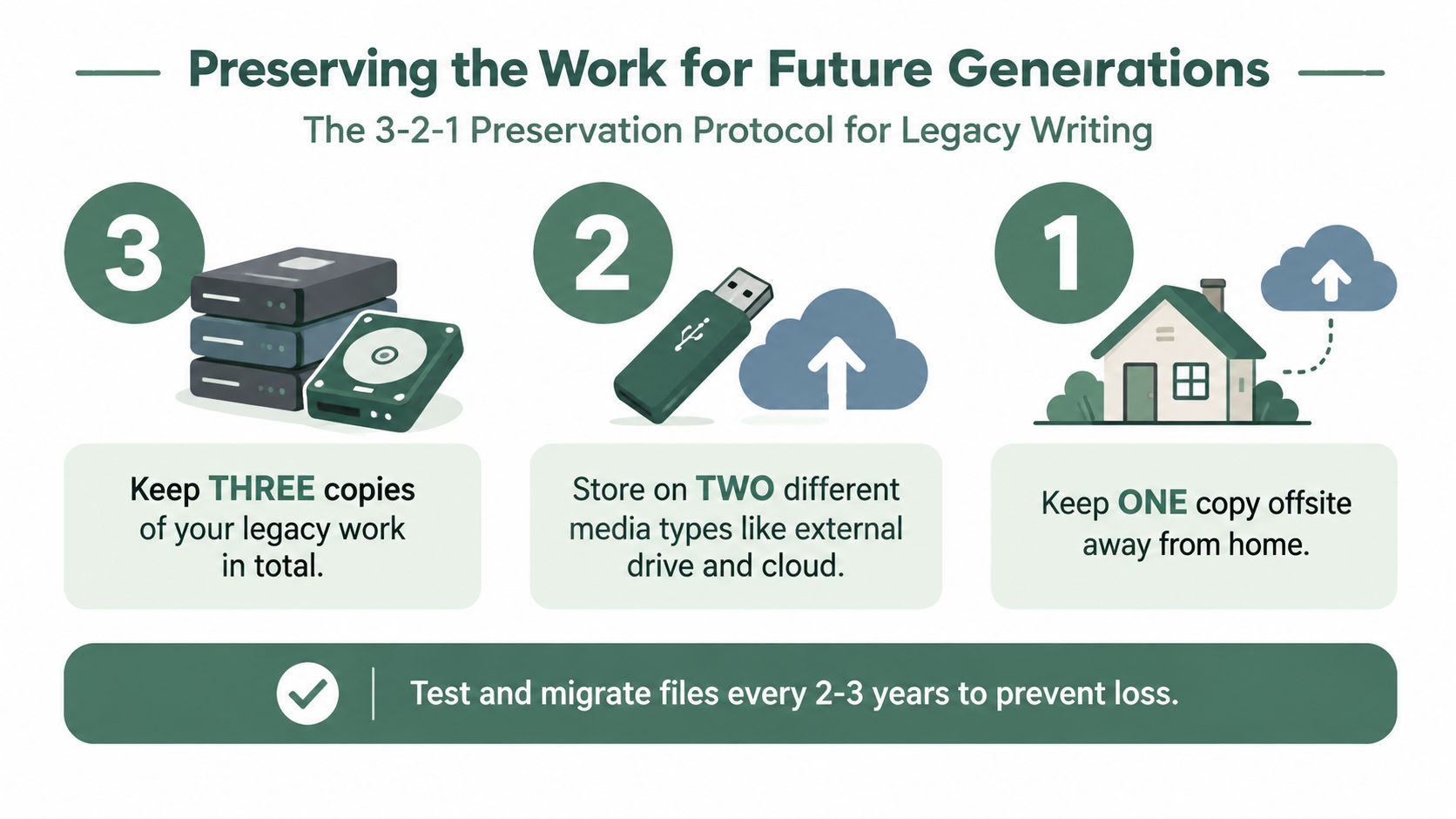 An infographic titled The 3-2-1 Preservation Protocol for Legacy Writing illustrating data backup steps.