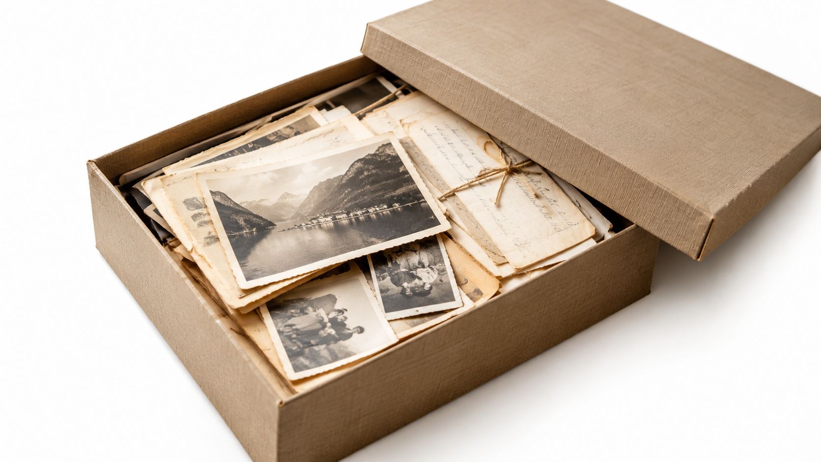 A rustic cardboard storage box filled with vintage black and white photographs and handwritten paper letters.
