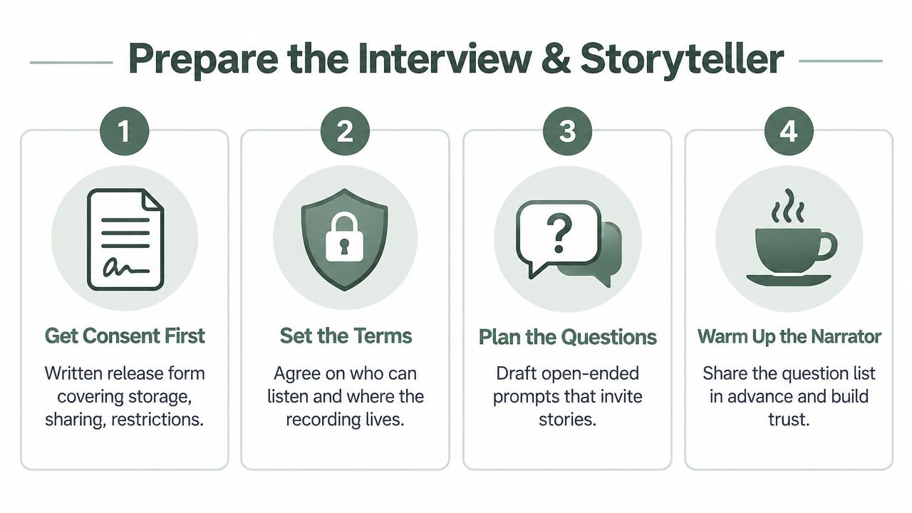 An infographic titled Prepare the Interview & Storyteller with four numbered steps about conducting oral history interviews.