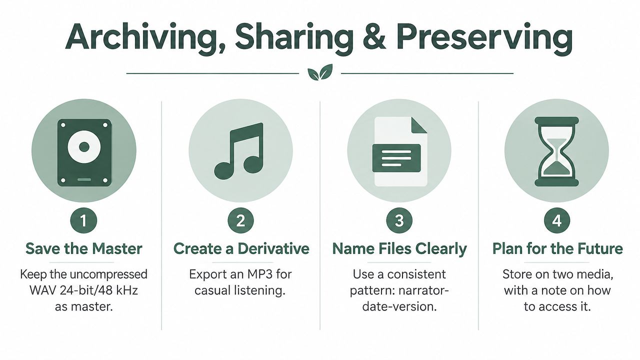 A four-step infographic illustrating best practices for archiving, sharing, and preserving audio recordings for long-term storage.
